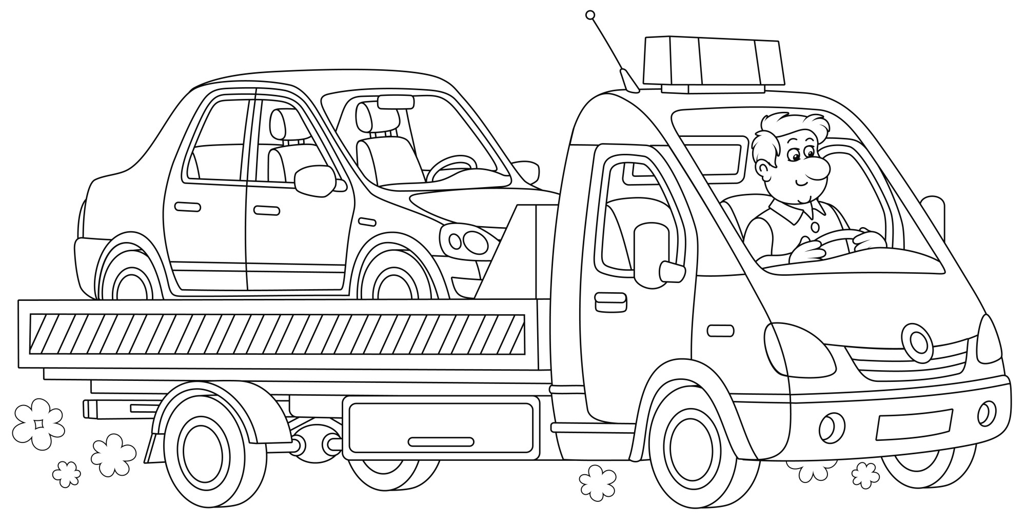 Раскраска для детей: эвакуатор перевозит легковую сломанную машину