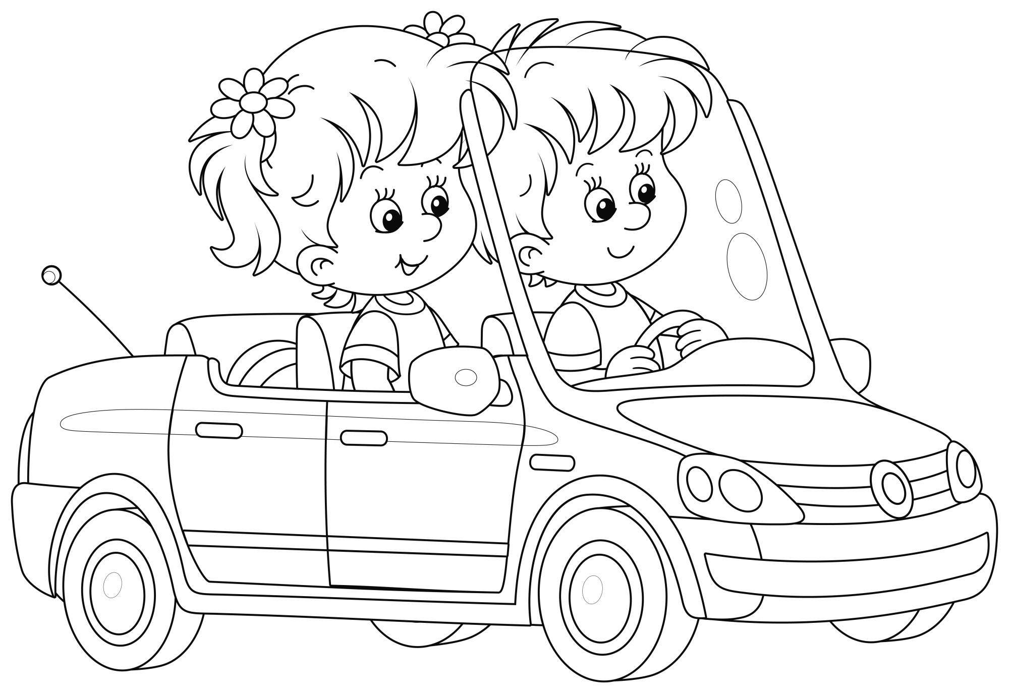 Раскраска для детей: маленькие девочка и мальчик едут на такси
