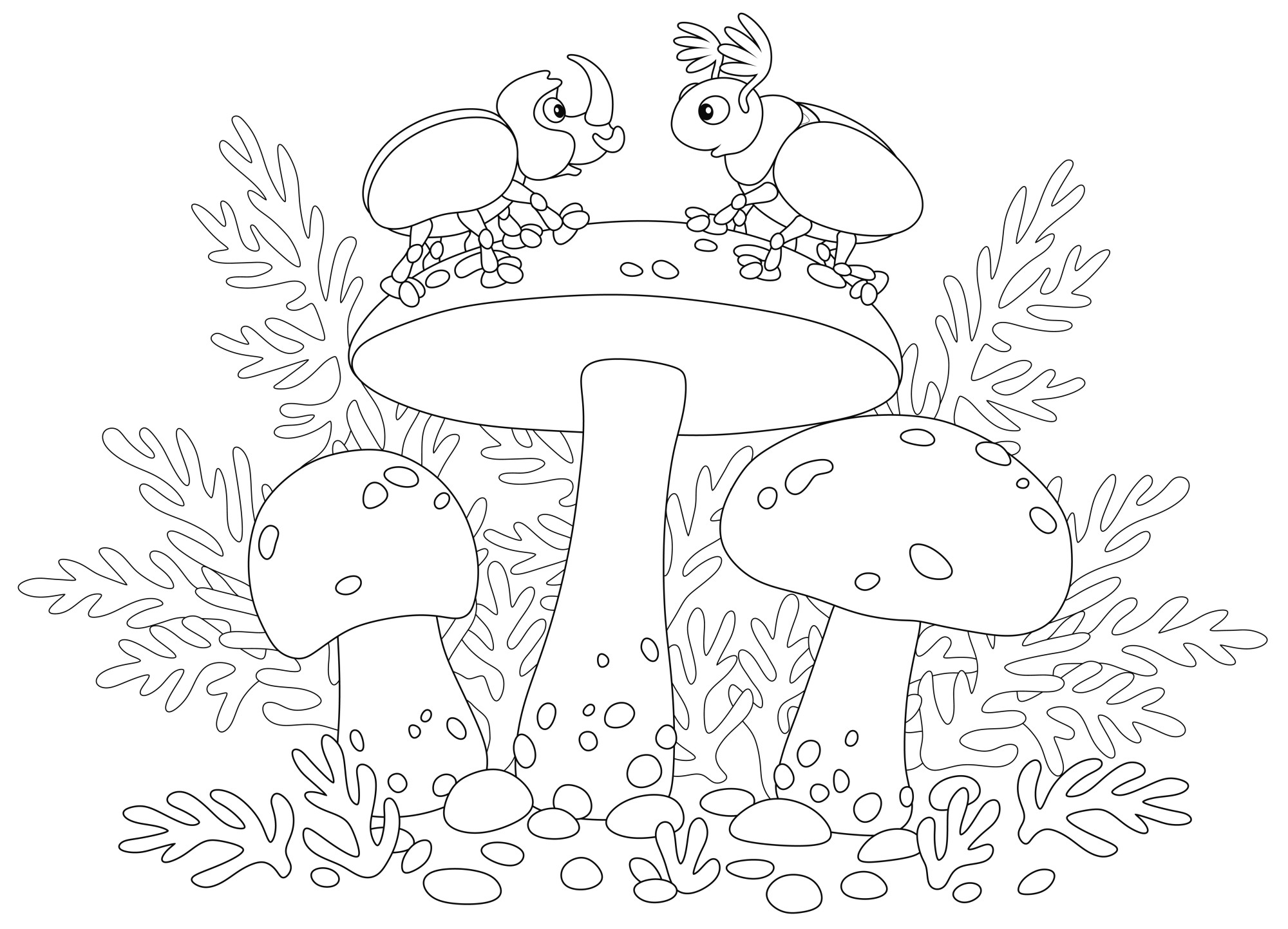 Раскраска для детей: съедобные грибы с большими шляпками и жуками