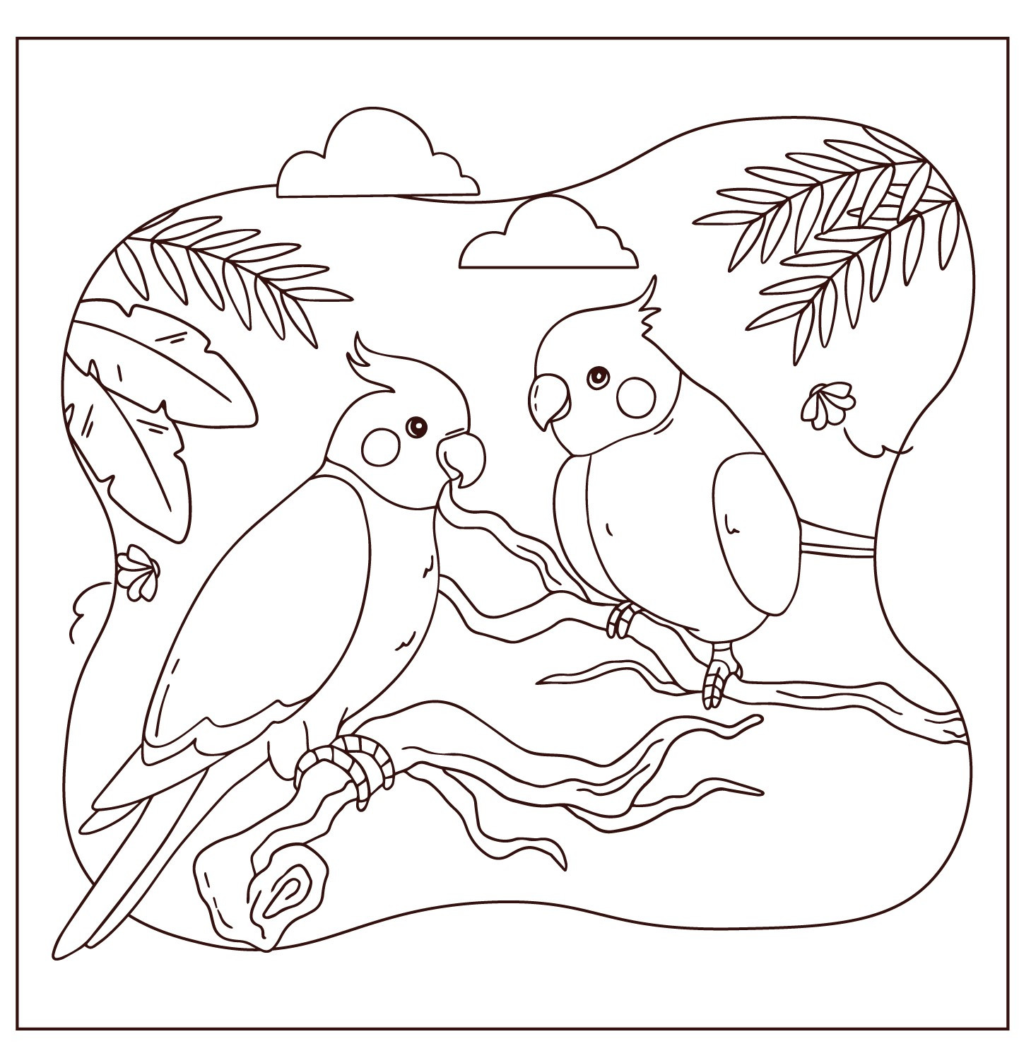 Раскраска для детей: два попугая на ветке