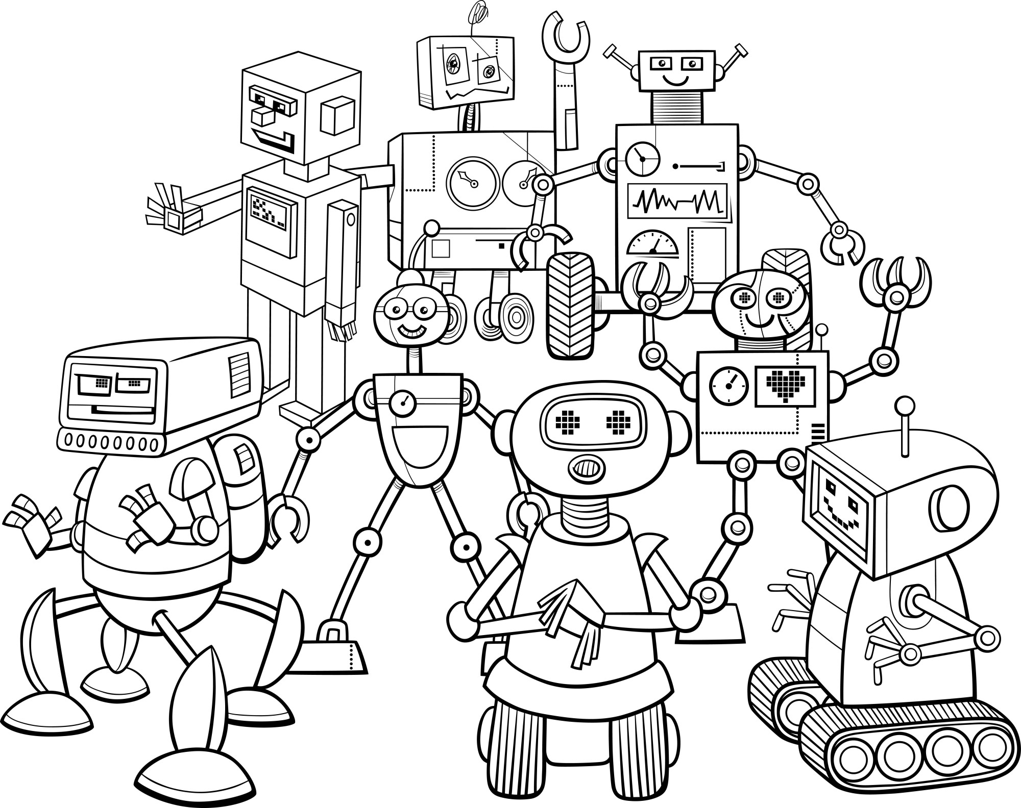 Раскраска для детей: карикатура забавных роботов