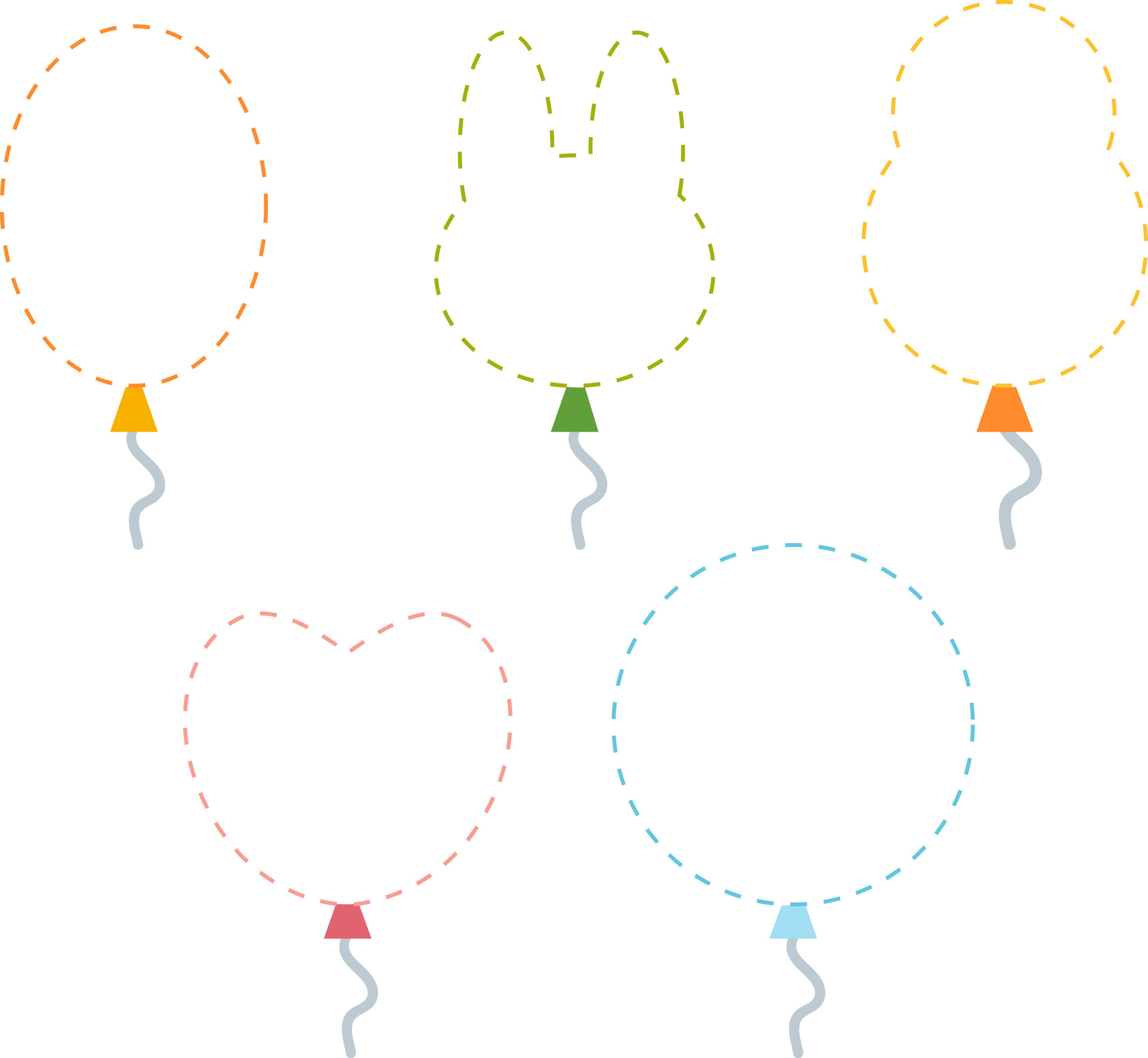 Раскраска для детей: набор воздушных шаров по точкам