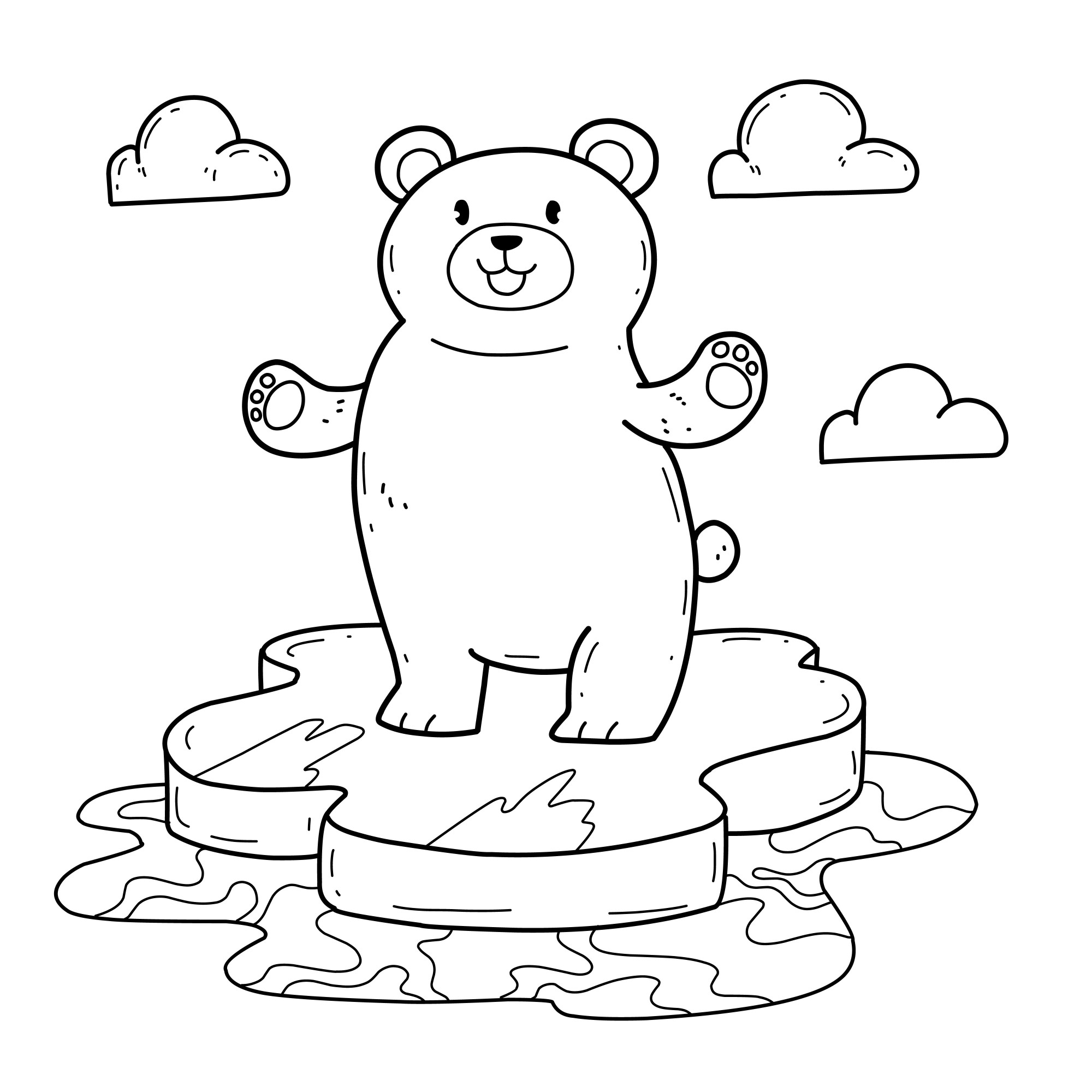 Раскраска для детей: мультяшный белый медведь стоит на льдине