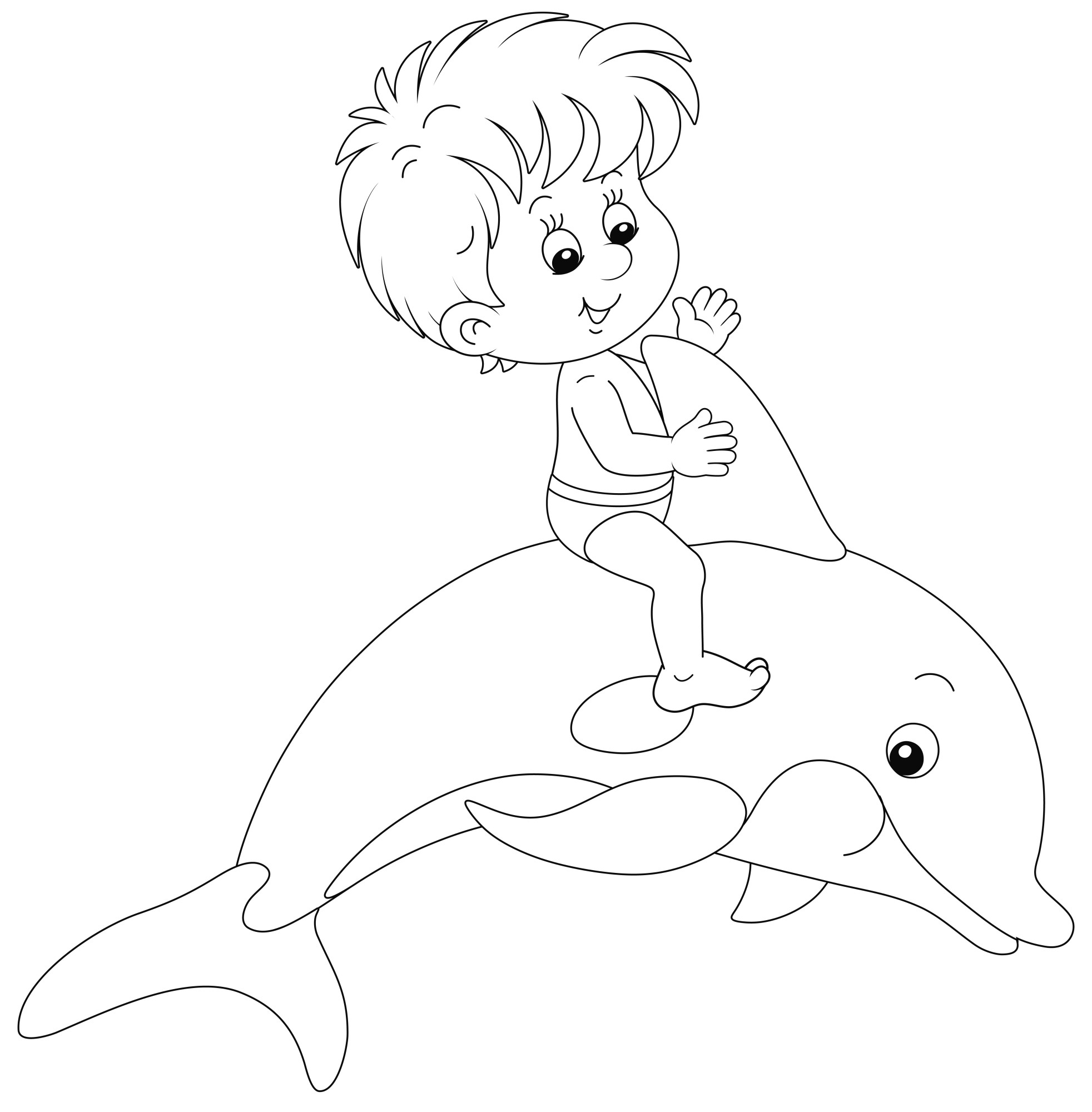 Раскраска для детей: счастливый маленький мальчик катается на веселом игривом дельфине в дельфинарии