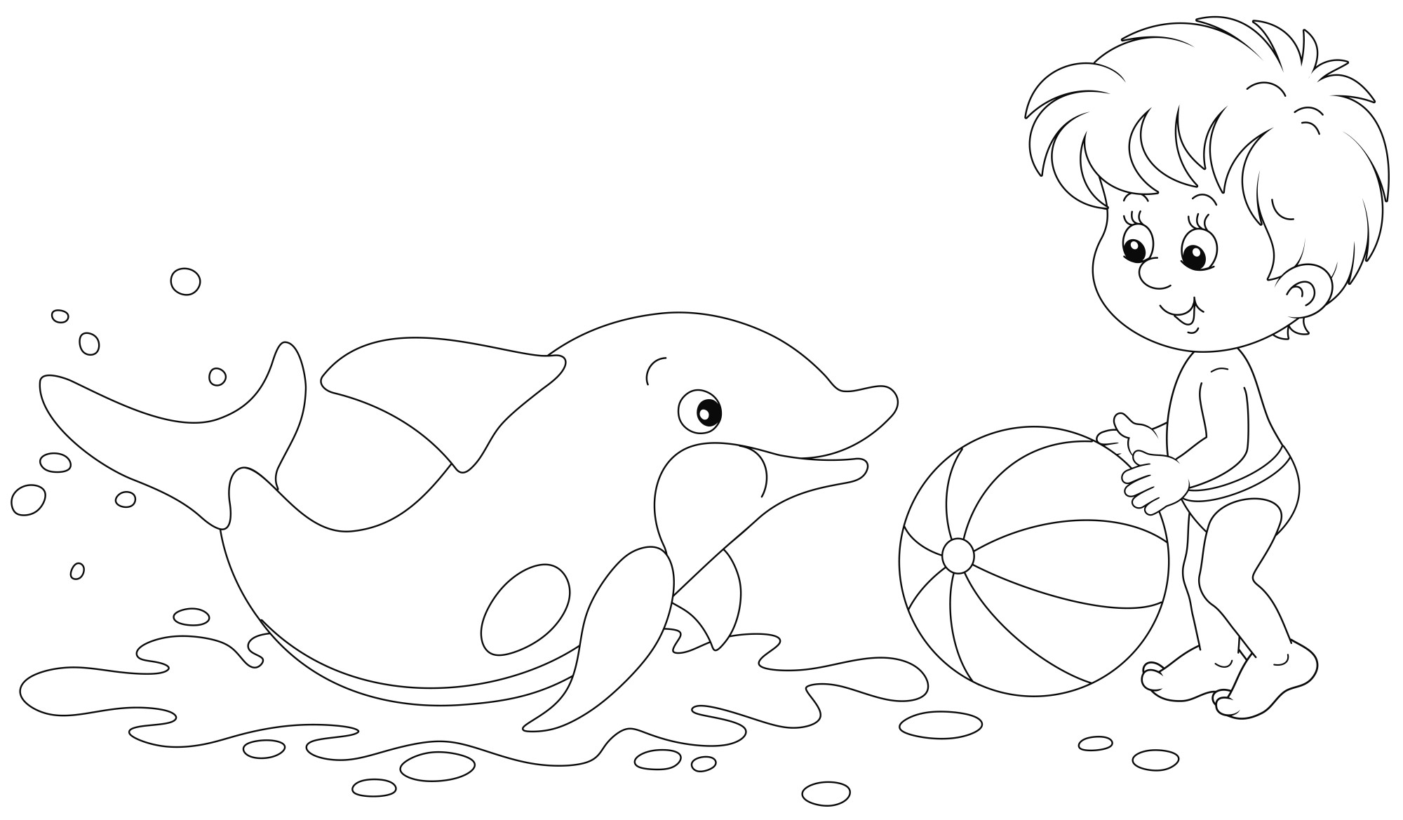 Раскраска для детей: счастливый маленький мальчик и веселый игривый дельфин