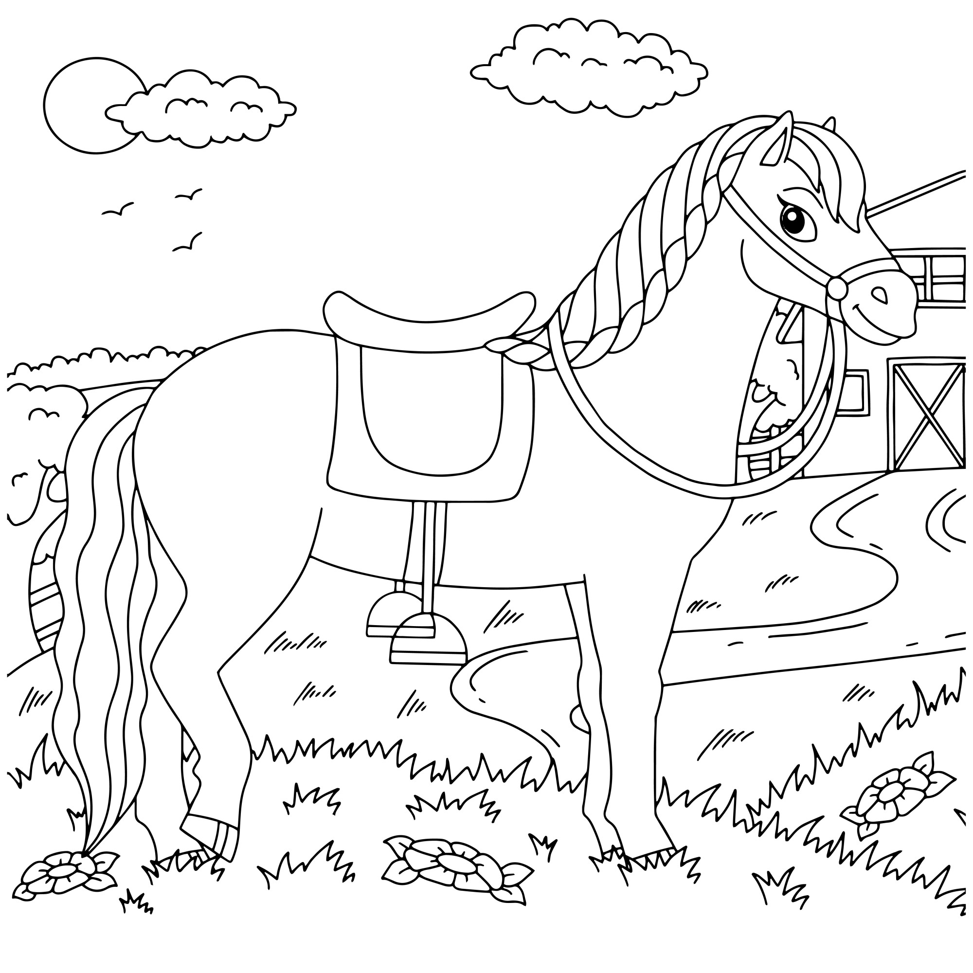 Раскраска для детей: лошадь в упряжке на ферме
