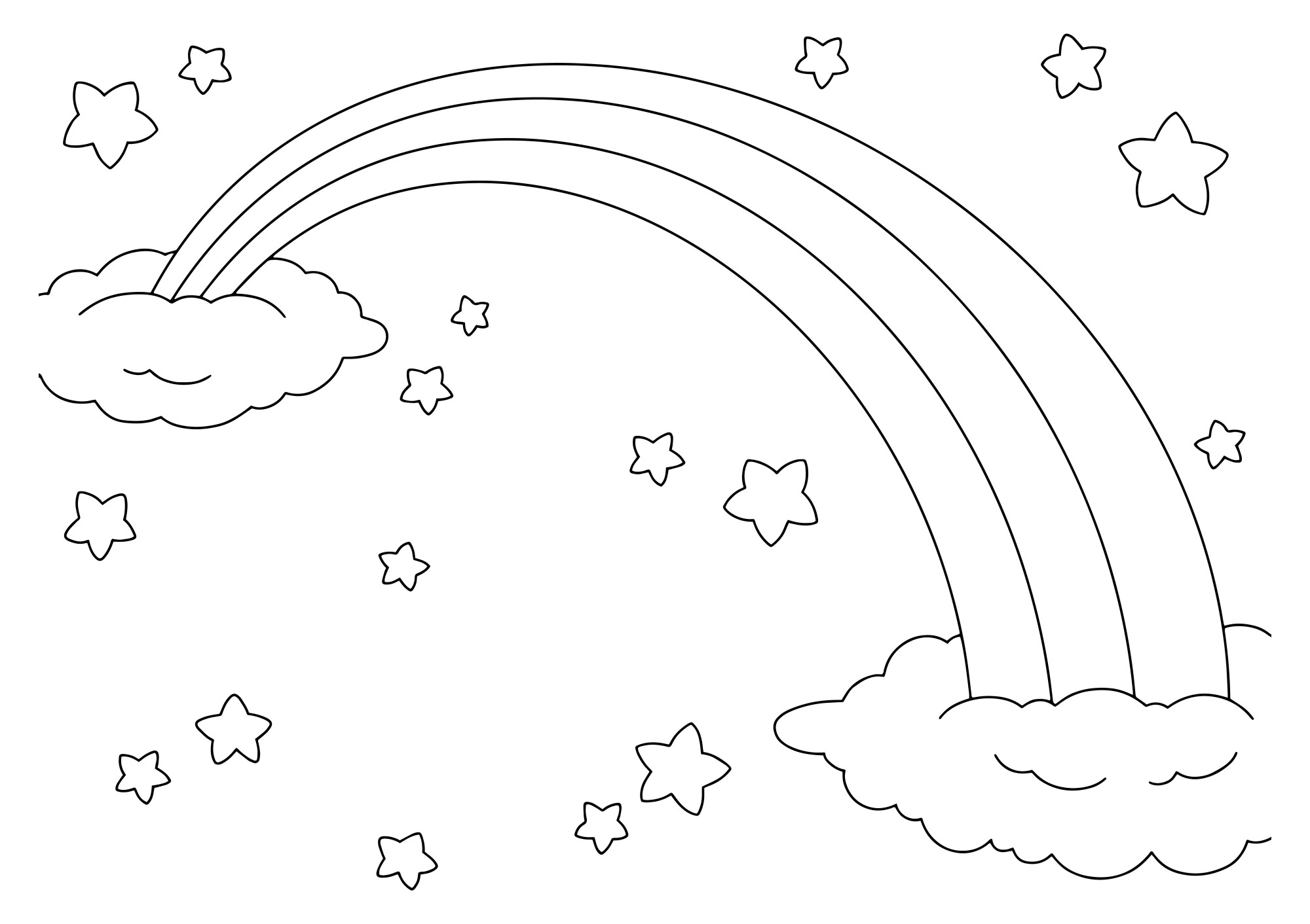 Раскраска для детей: большая красивая радуга с радужными звездами
