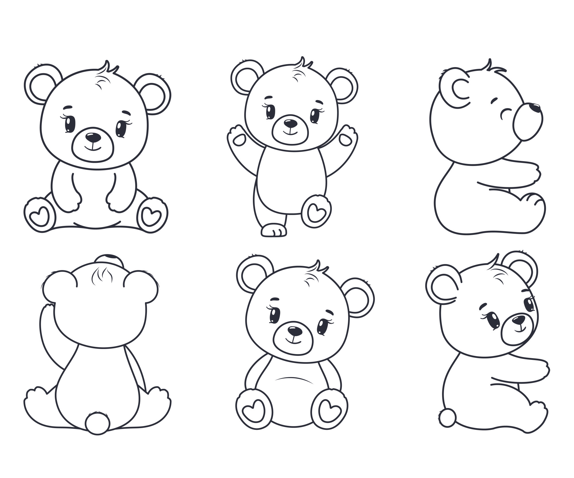 Раскраска для детей: набор мультяшных медвежат в разных позах