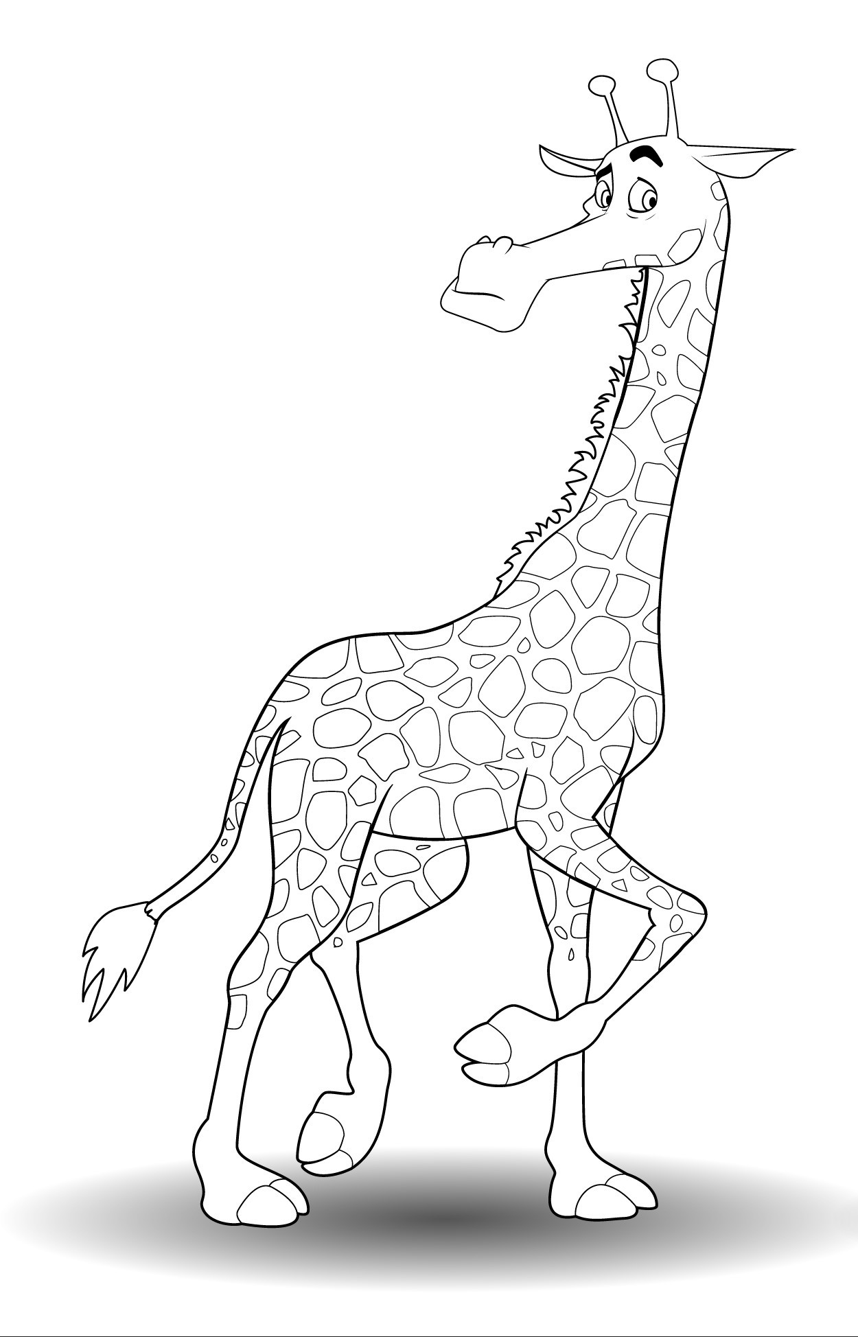 Раскраска для детей: жираф с поднятым копытом