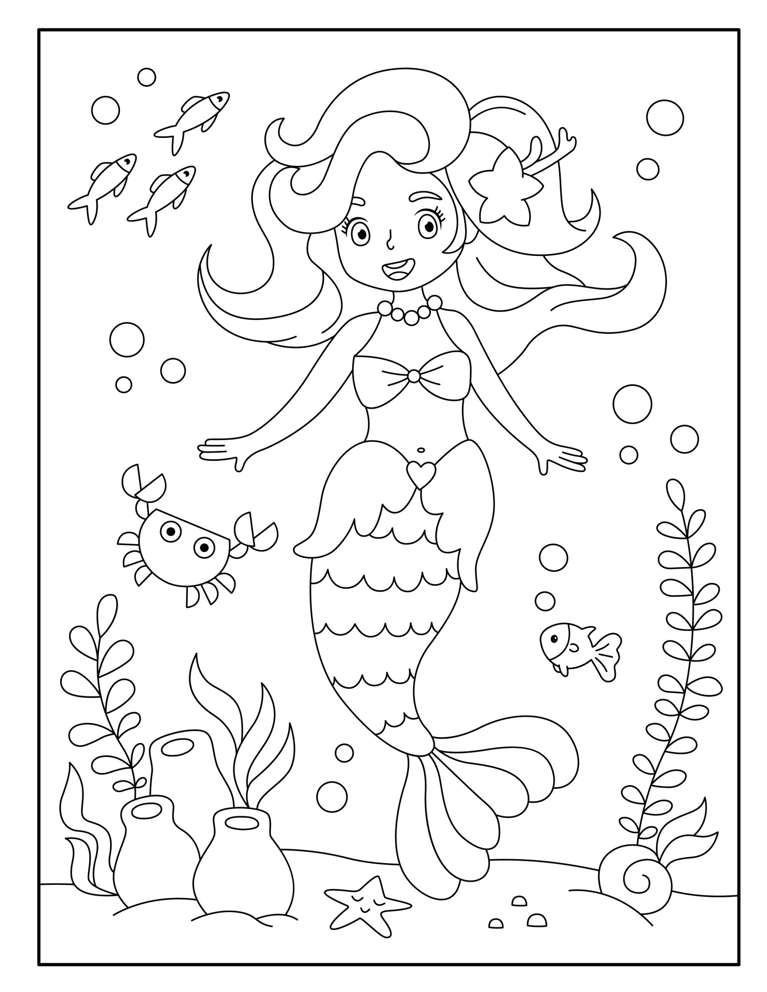 Раскраска для детей: игры с русалкой в пенных волнах