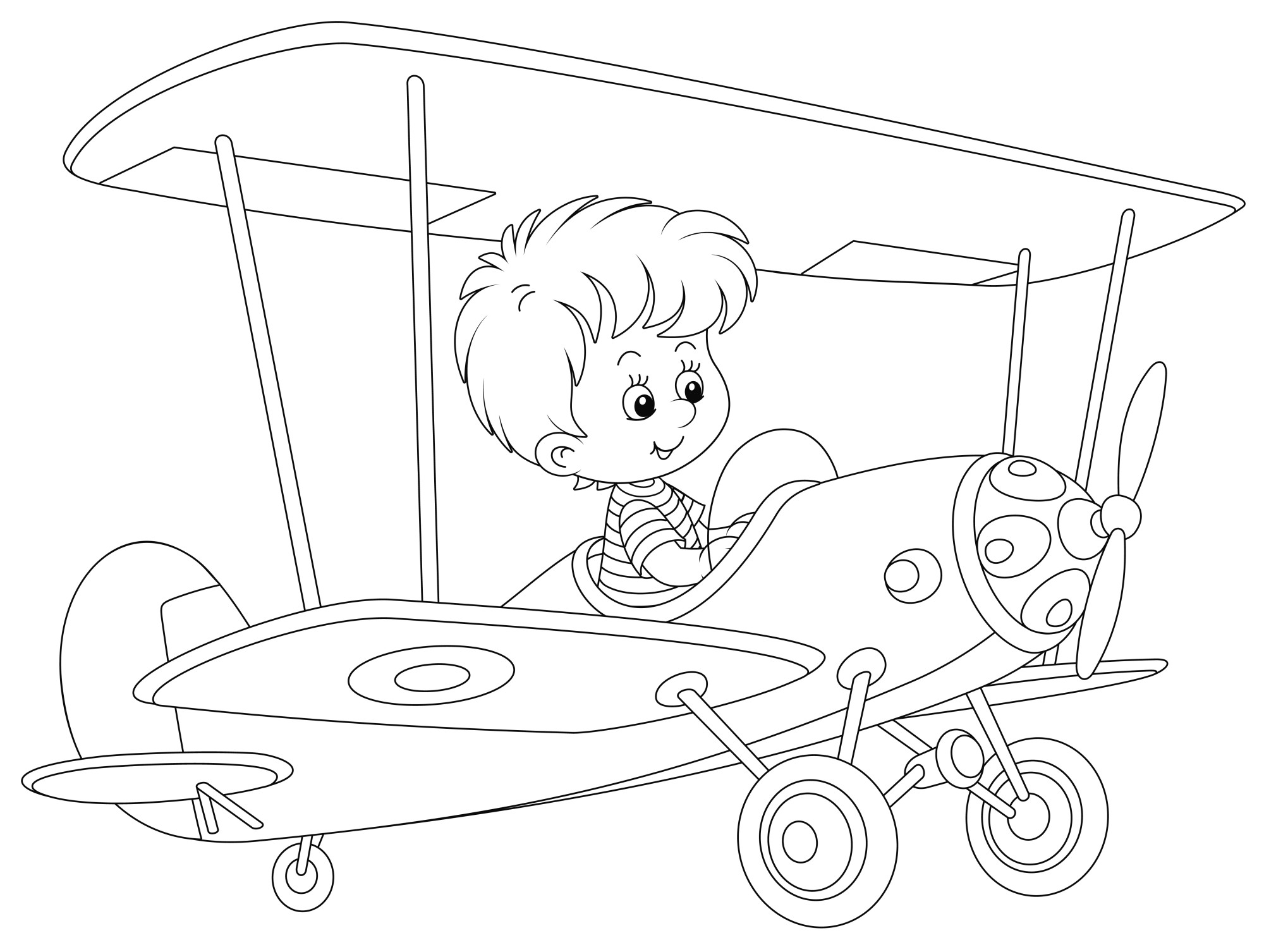 Раскраска для детей: игрушечный самолетик с мальчиком на борту