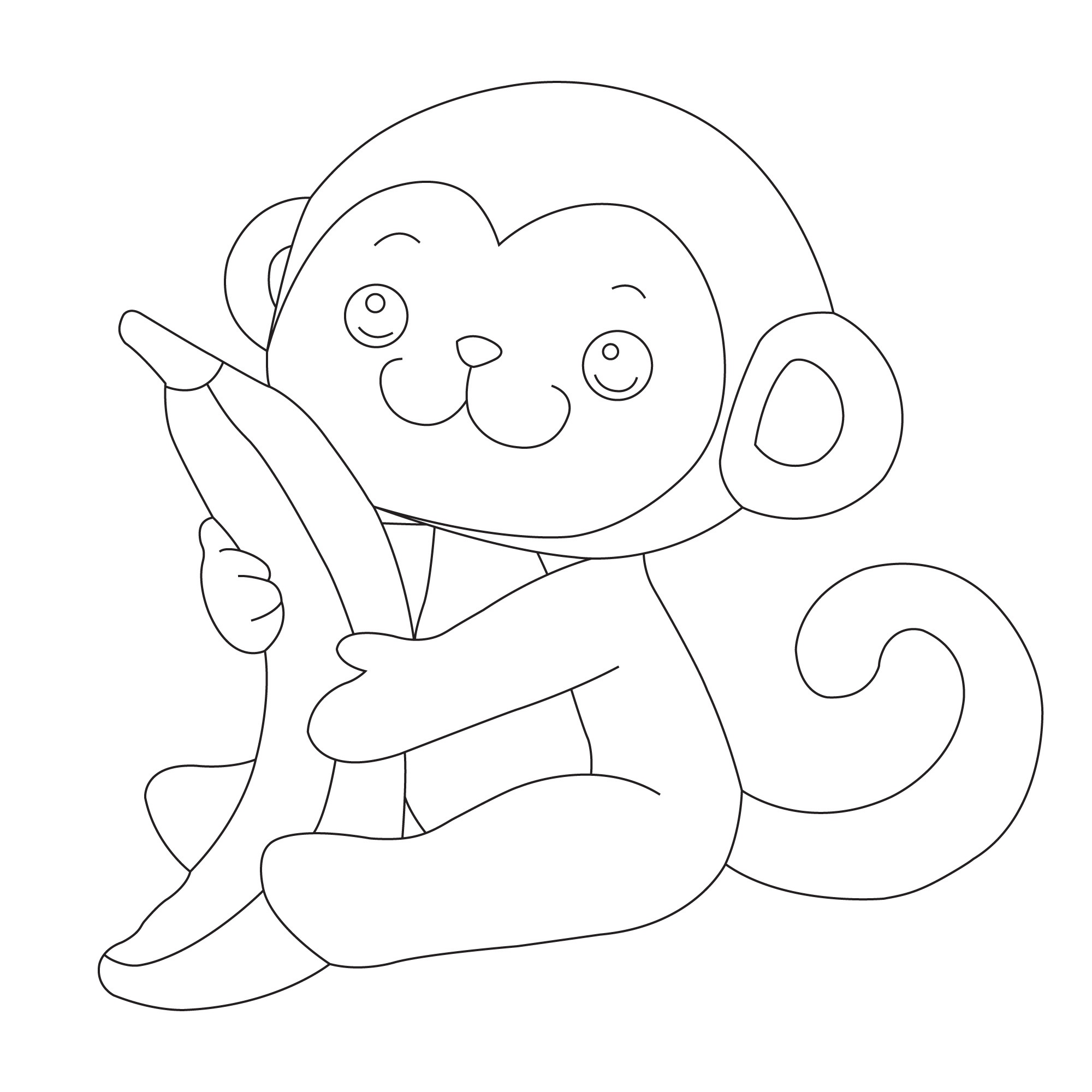 Раскраска для детей: детеныш обезьяны сидит в обнимку с бананом