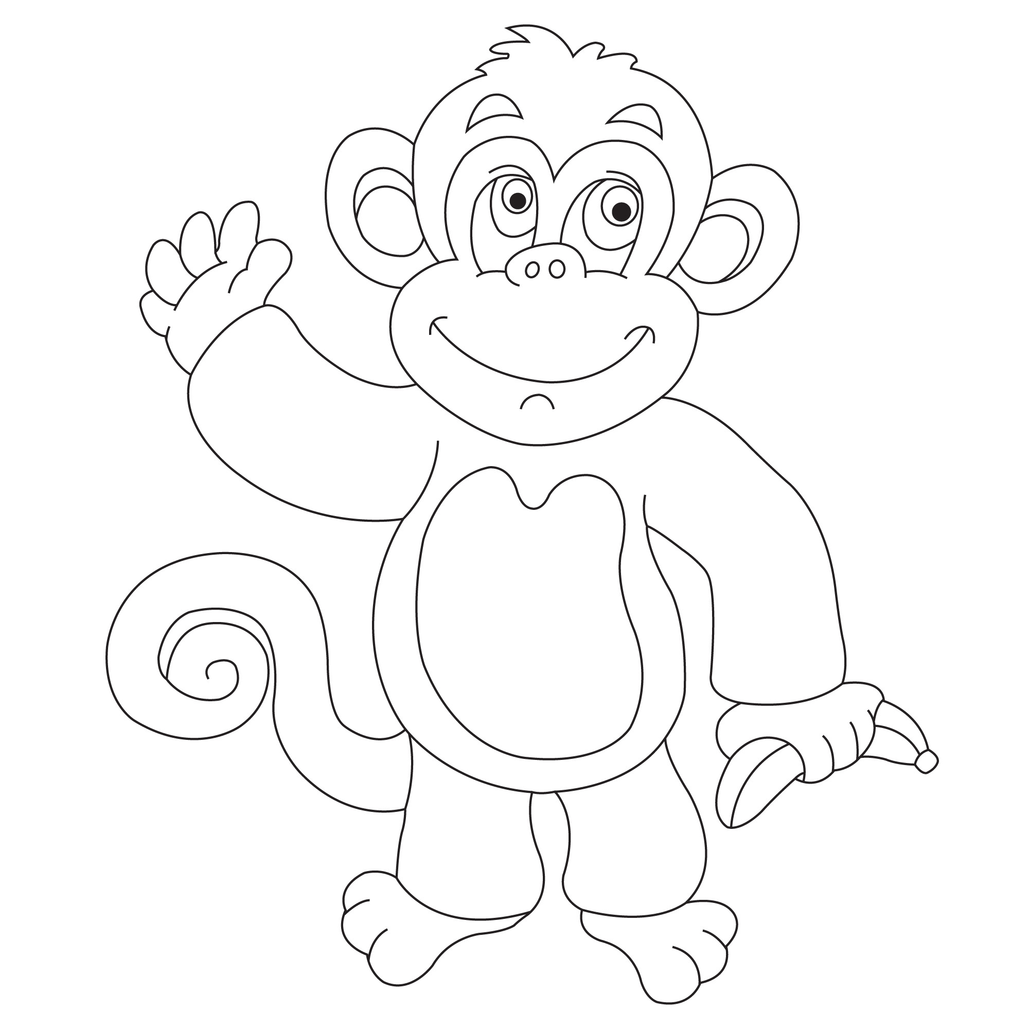 Раскраска для детей: добрая обезьяна с бананом в руке машет