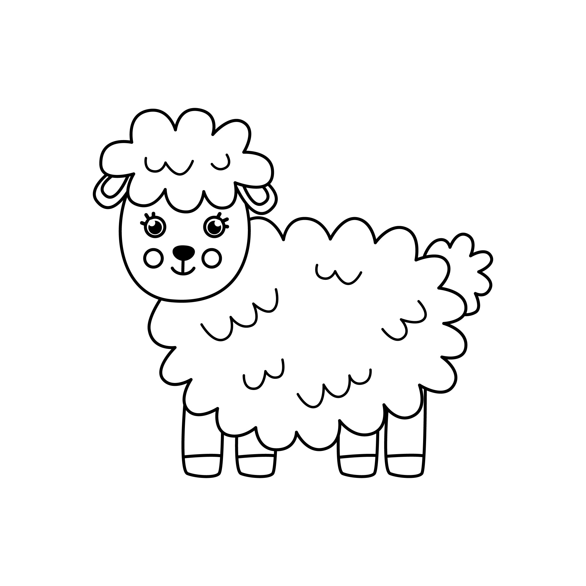 Раскраска для детей: мультяшная овца с густой шерстью