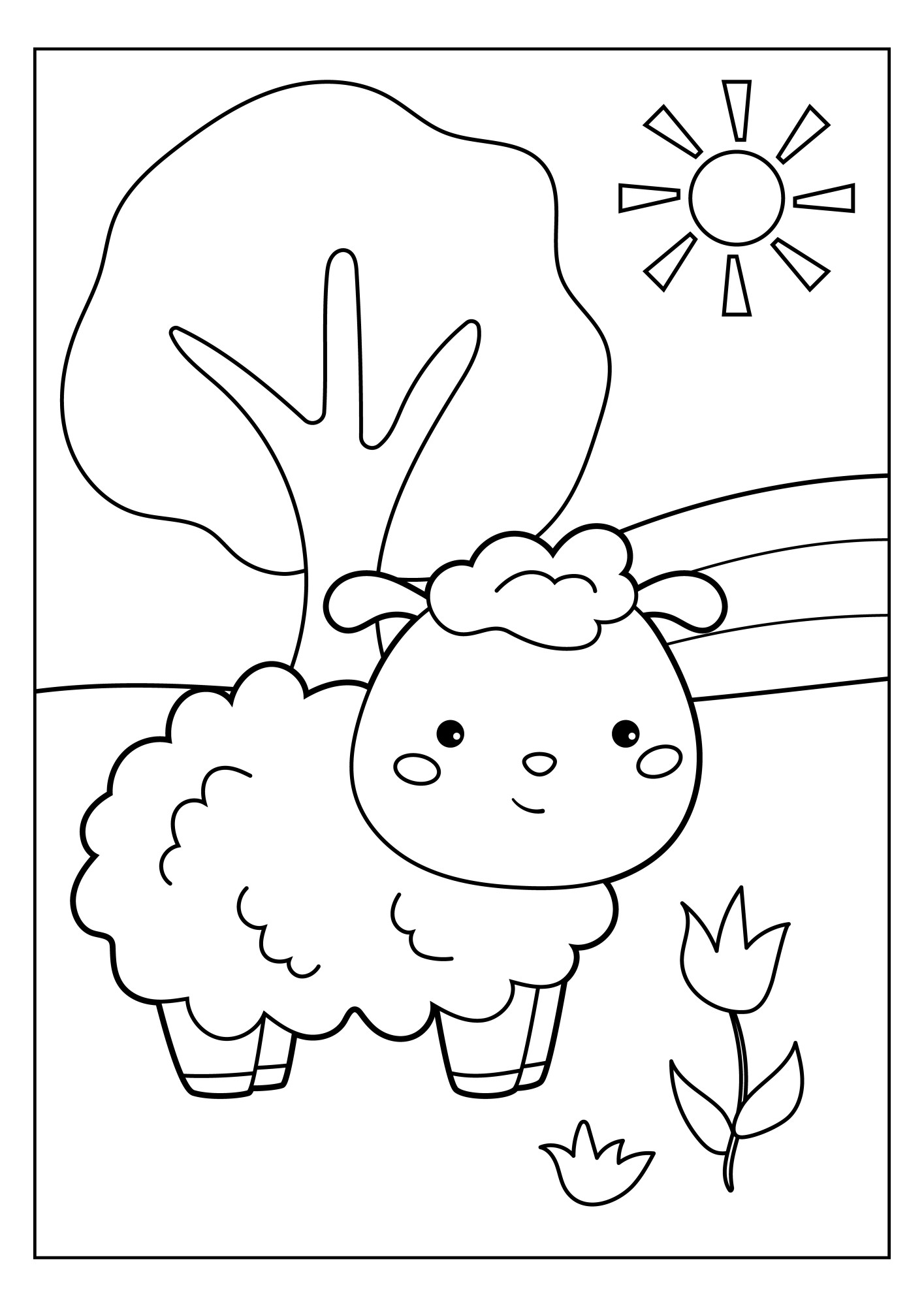 Раскраска для детей: овечка с цветочком на лугу