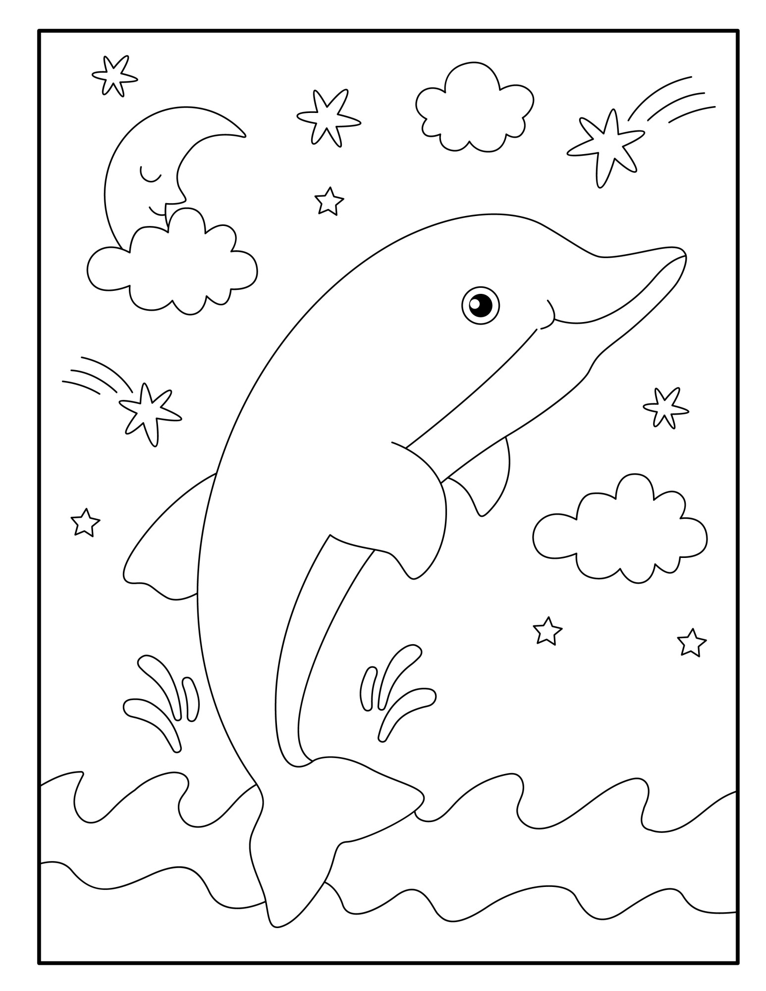 Раскраска для детей: дельфин над водой на фоне звезд и луны