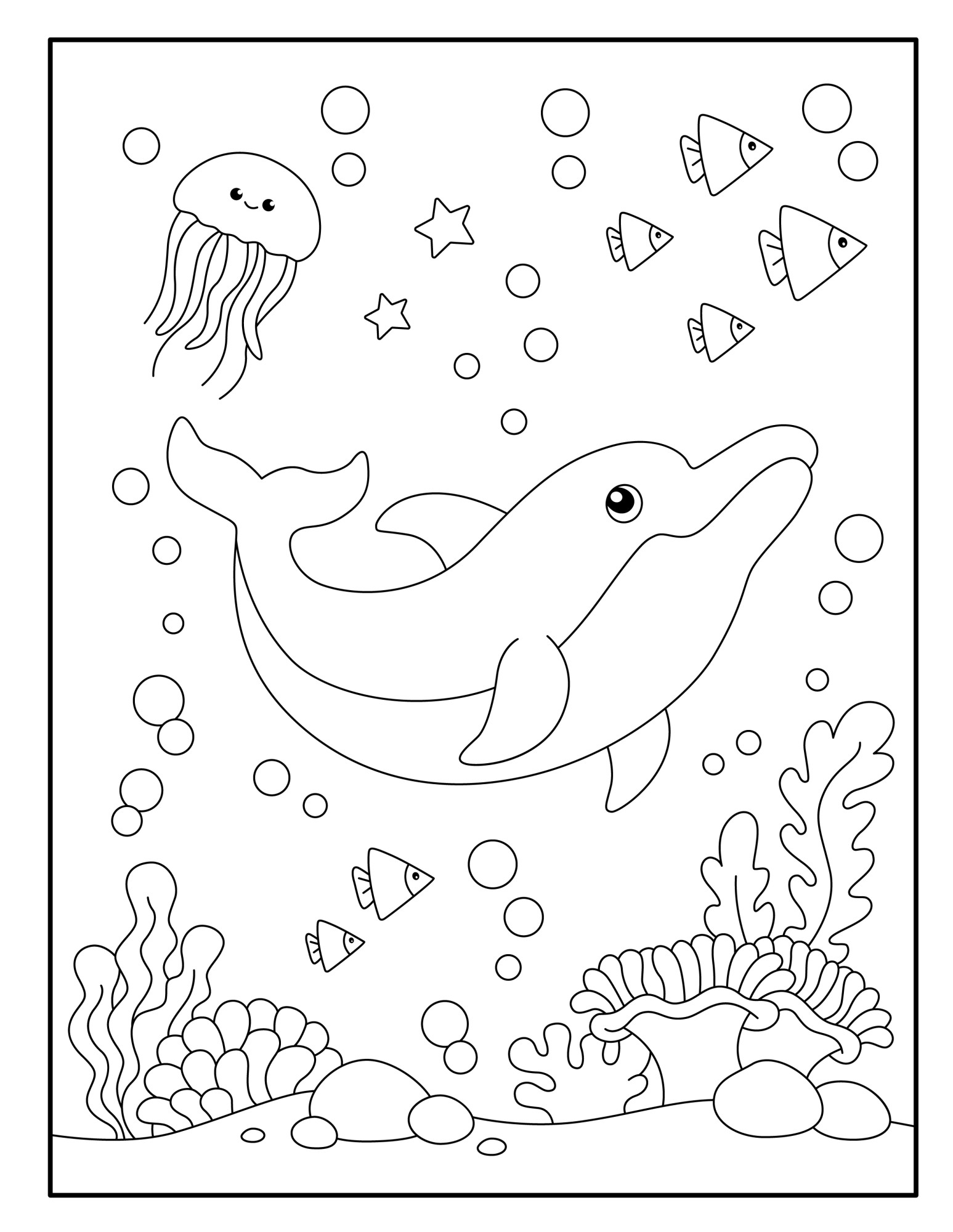 Раскраска для детей: дельфин плавает с морскими обитателями