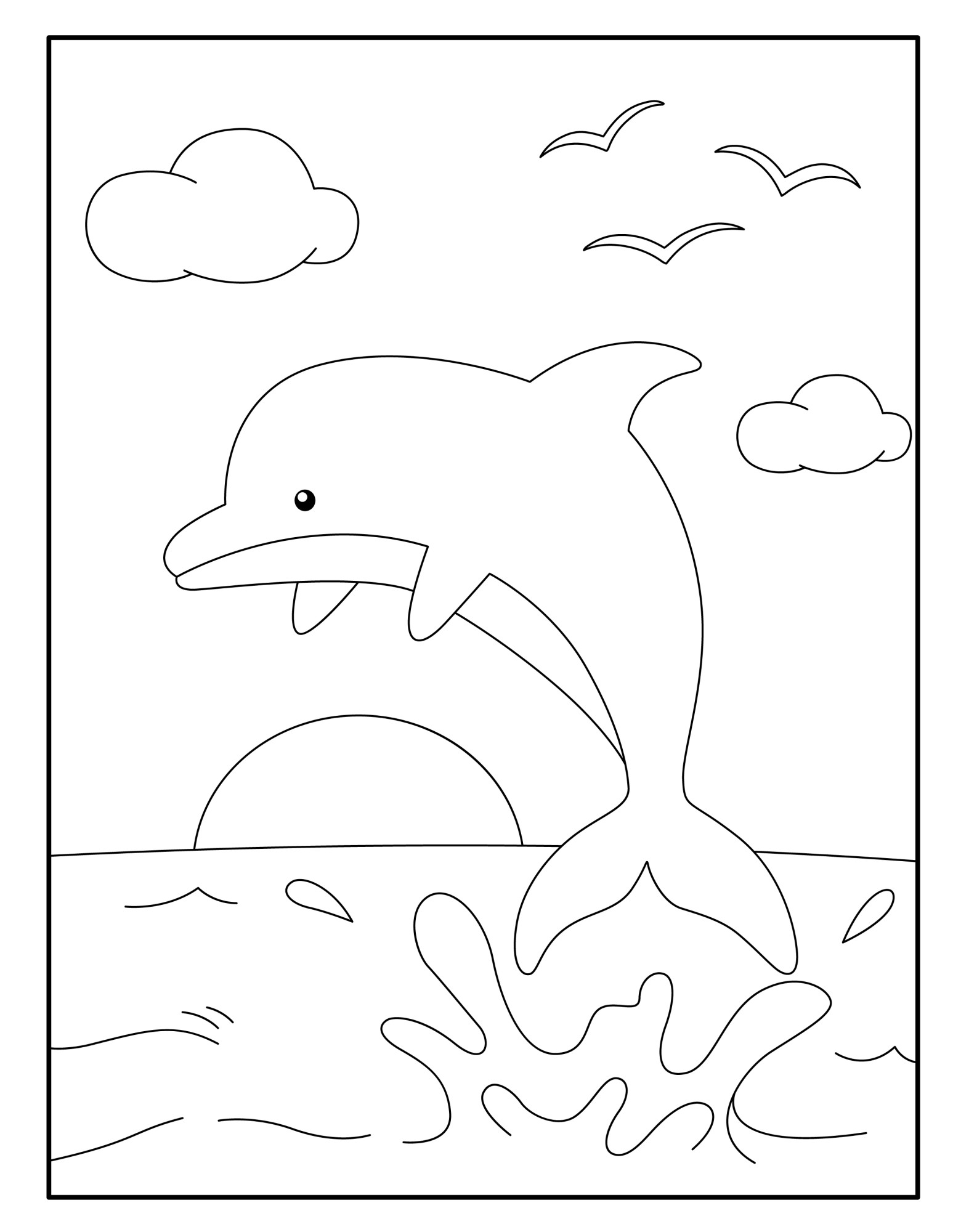Раскраска для детей: дельфин над водой на фоне неба с чайками