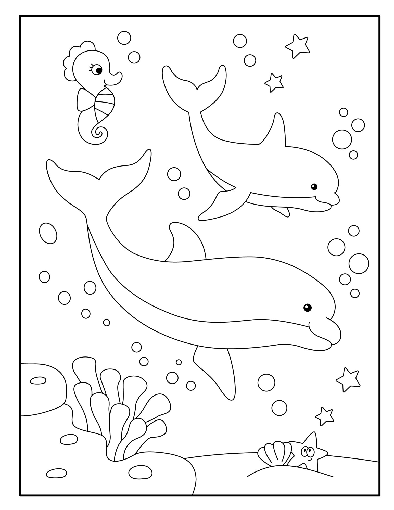 Раскраска для детей: два дельфина и морской конек под водой