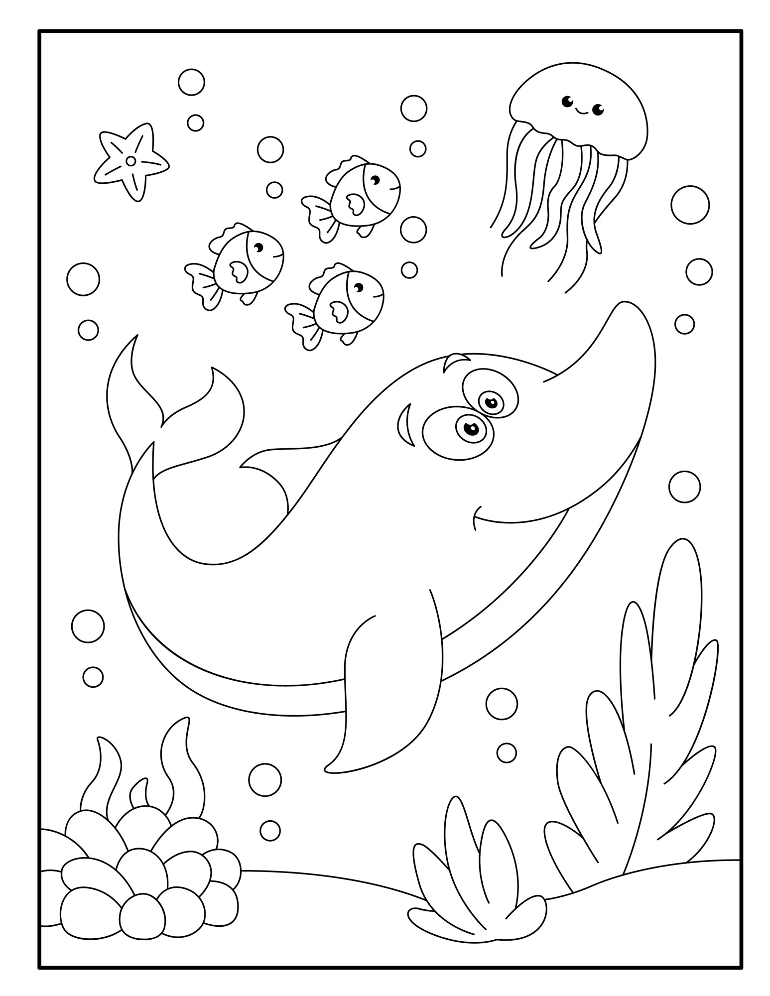 Раскраска для детей: дельфин с рыбками и медузой