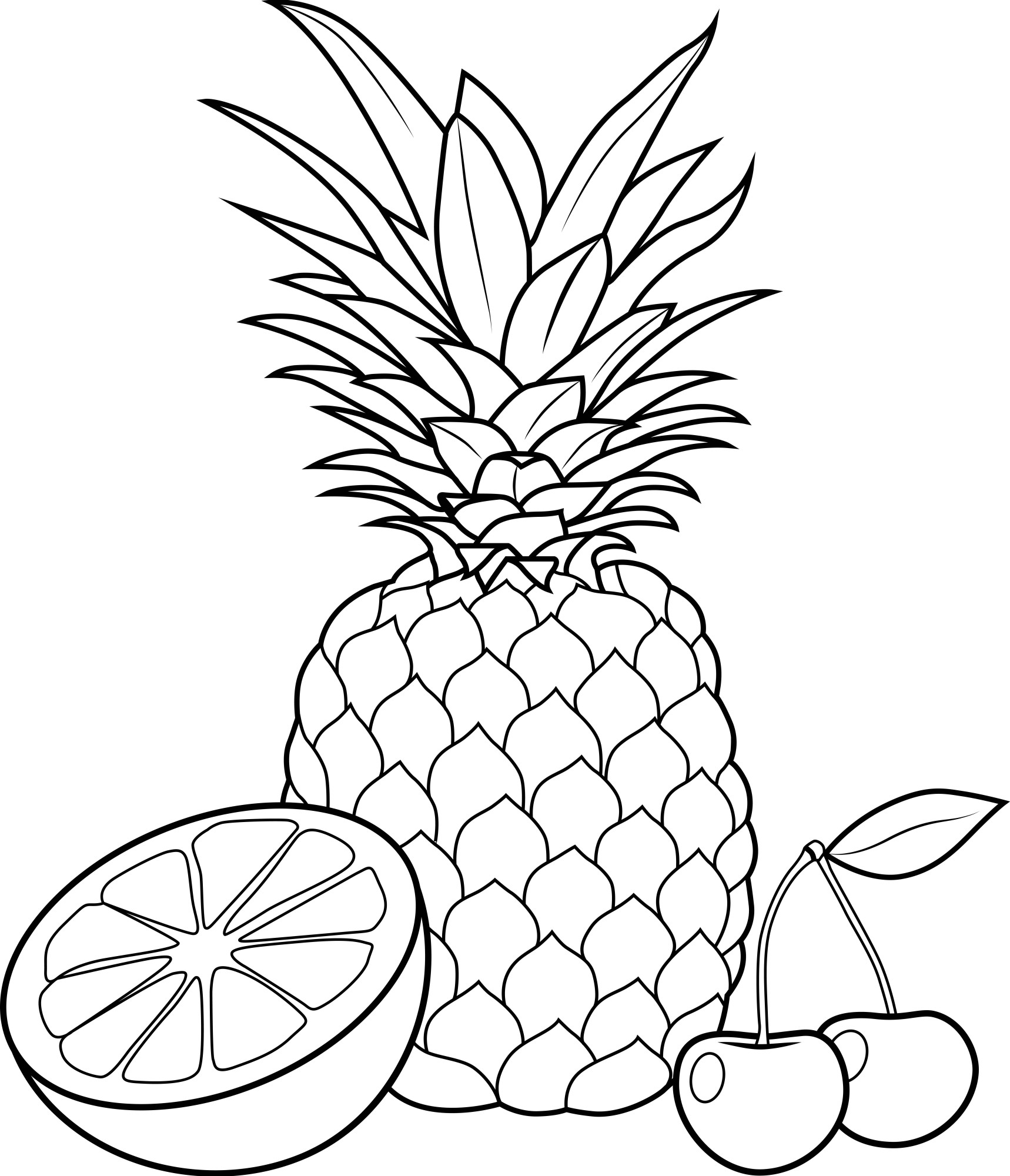 Раскраска для детей: ананас с апельсином и вишней