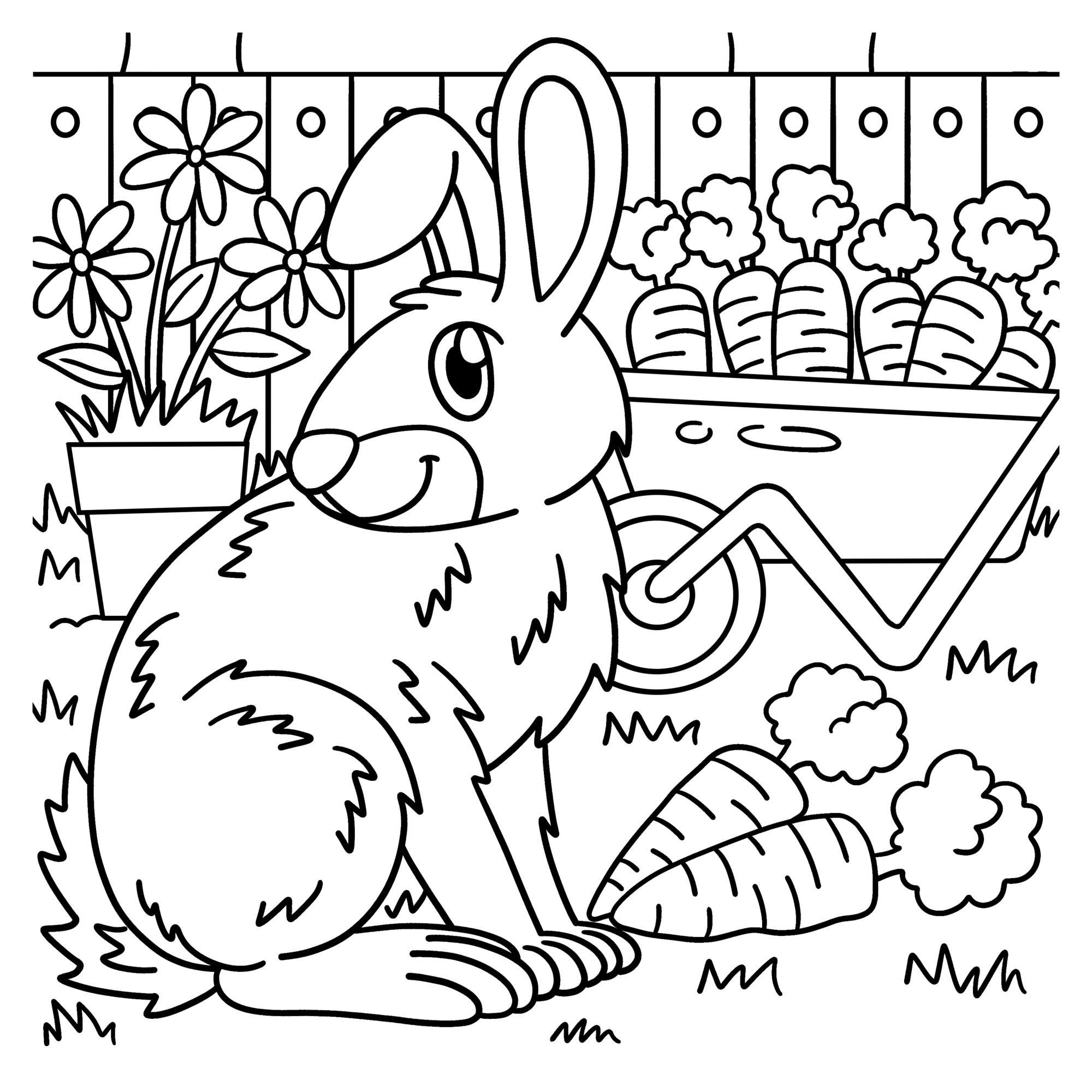 Раскраска для детей: забавный кролик на фоне тележек с морковкой