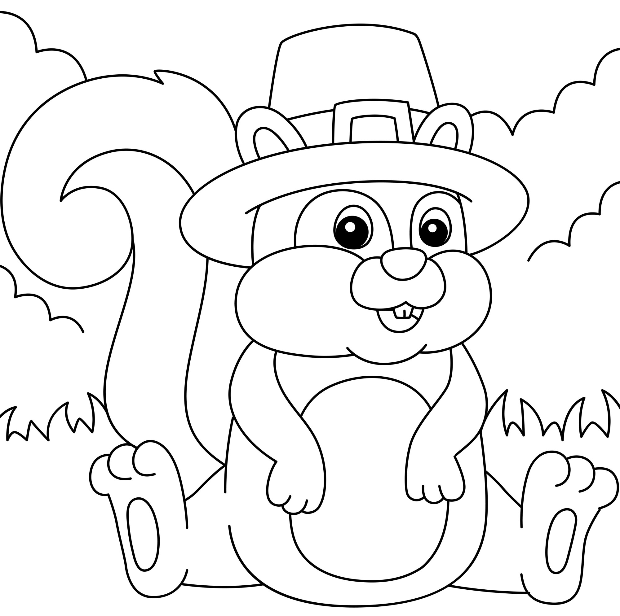 Раскраска для детей: бельчонок в шляпе сидит в лесу