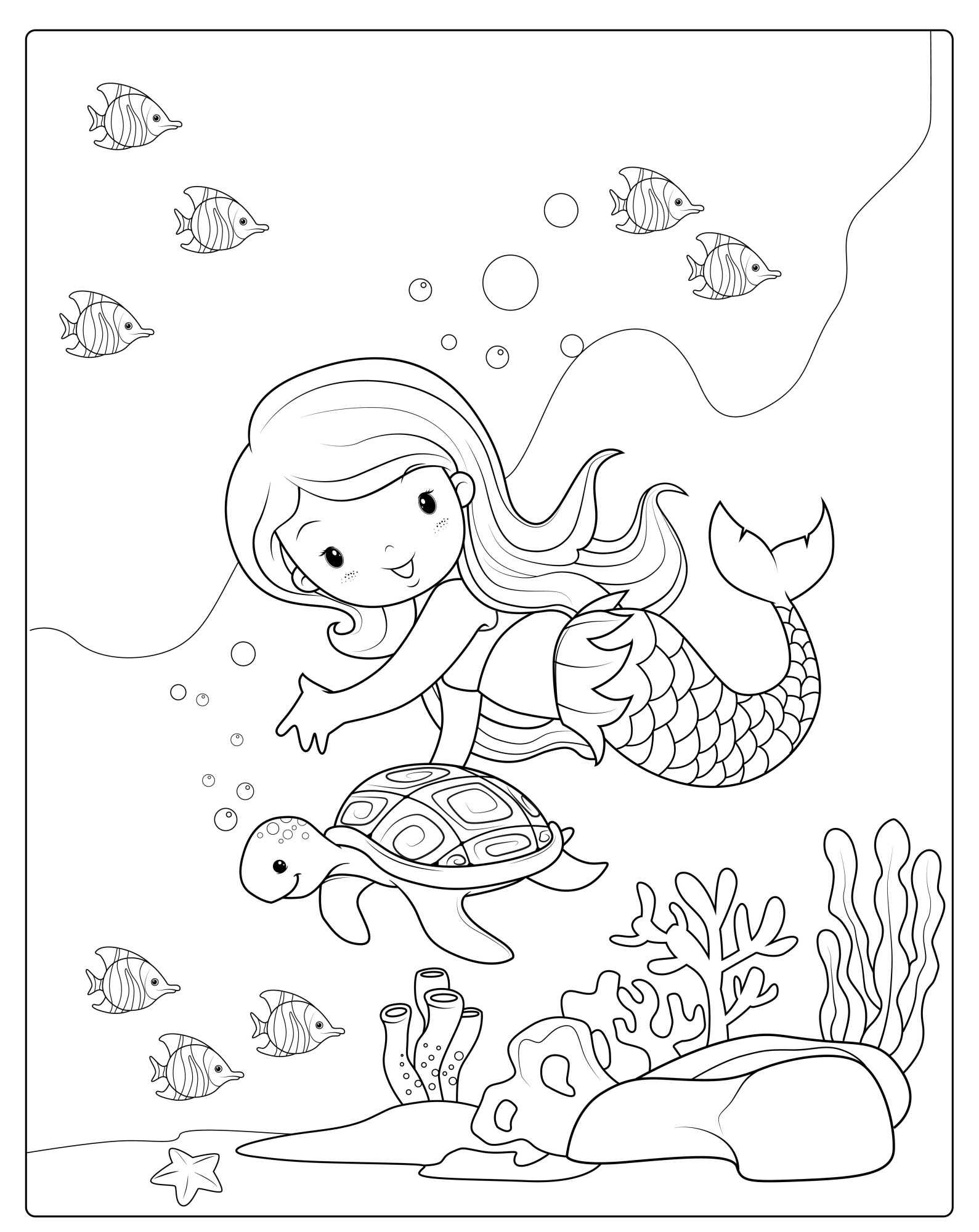 Раскраска для детей: загадочное погружение русалка с черепахой