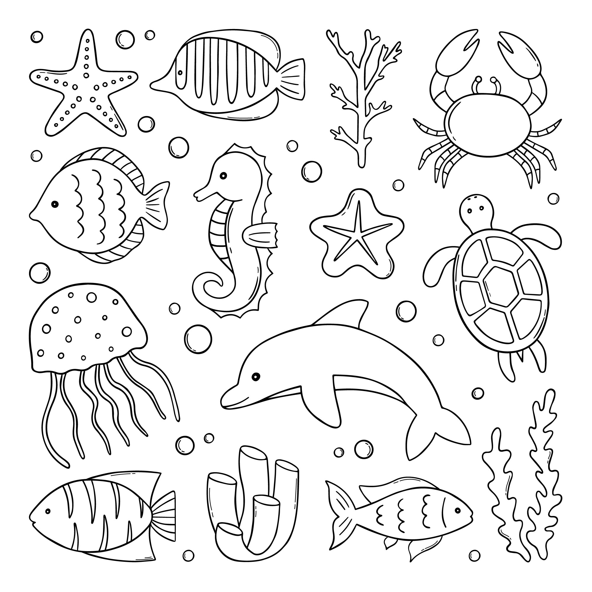 Раскраска для детей: рыбы и дикие морские животные