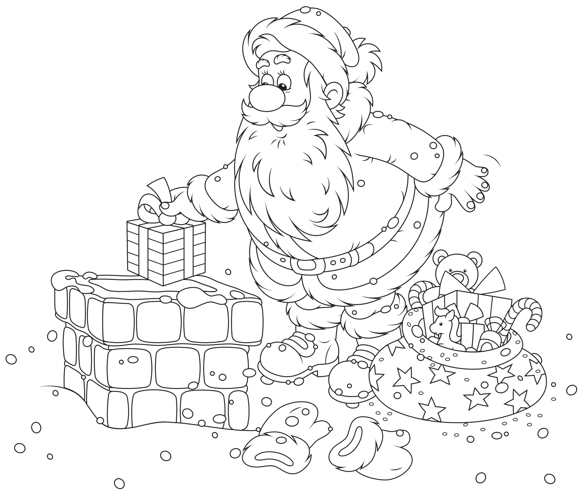 Раскраска для детей: дед мороз засовывает праздничные подарки в трубу