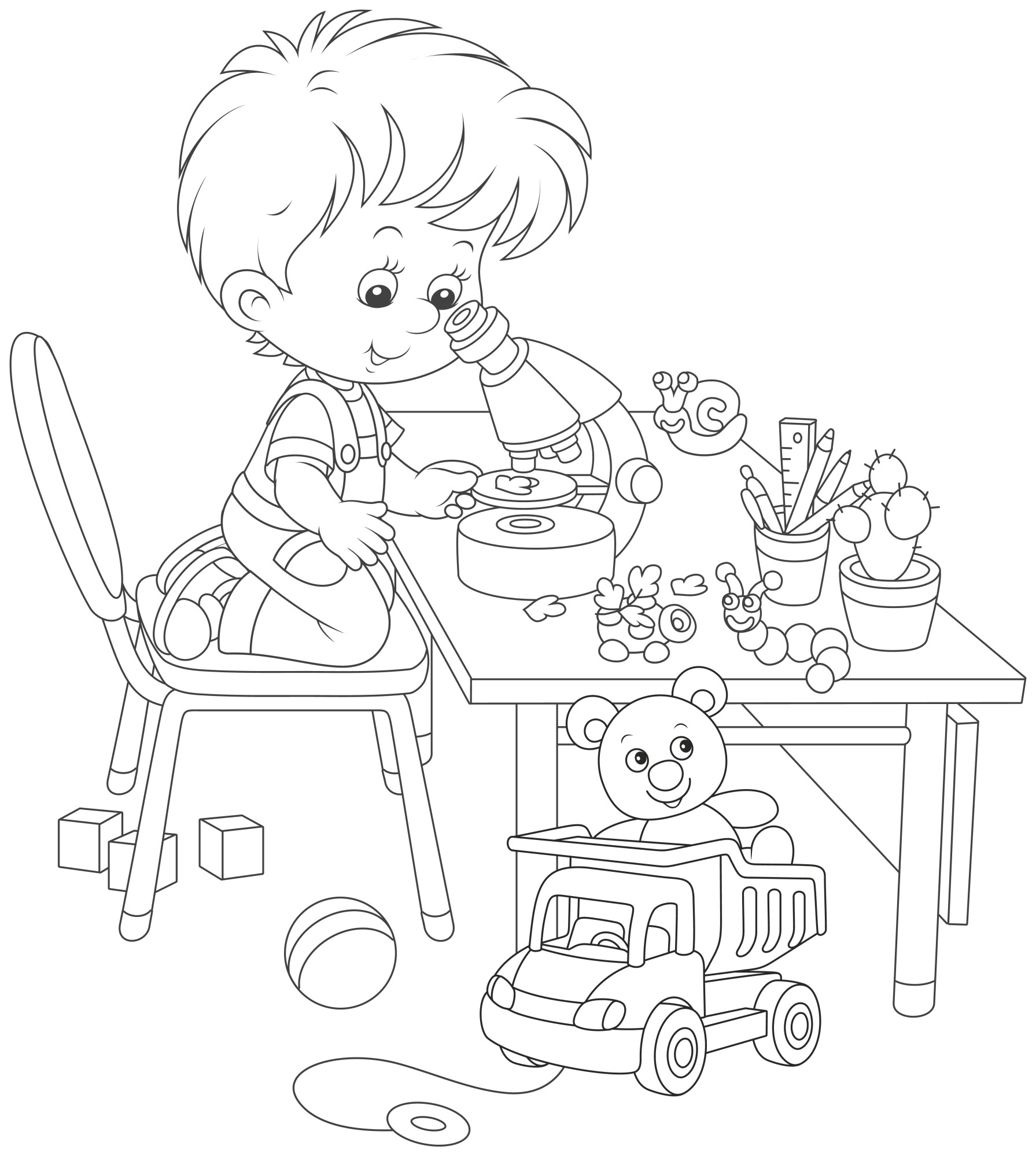 Раскраска для детей: маленький мальчик играет за столом с игрушками