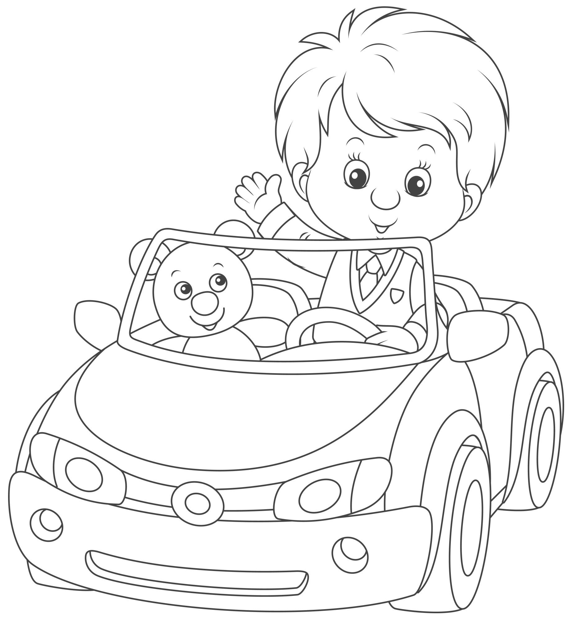 Раскраска для детей: мальчик с игрушкой мишкой на игрушечном автомобиле