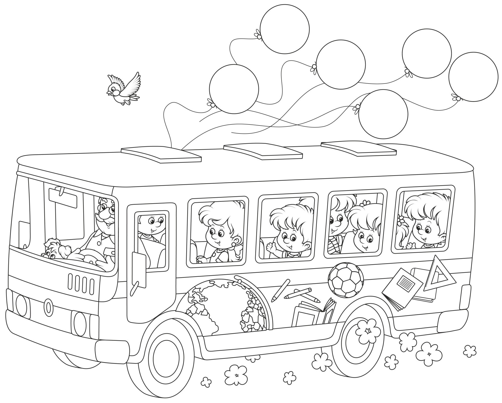 Раскраска для детей: школьный автобус с детьми и воздушными шариками