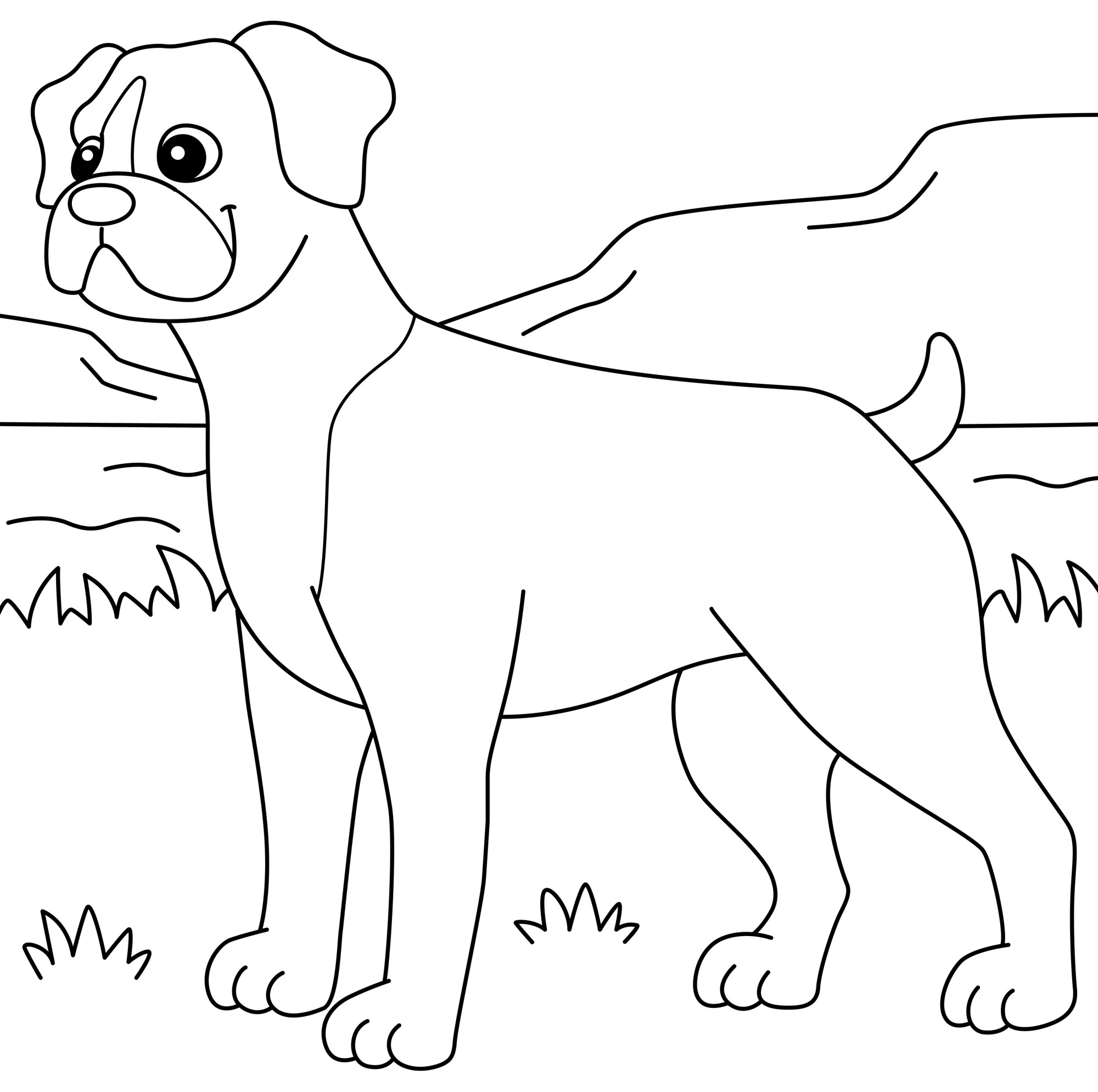 Раскраска для детей: собака боксер на фоне гор
