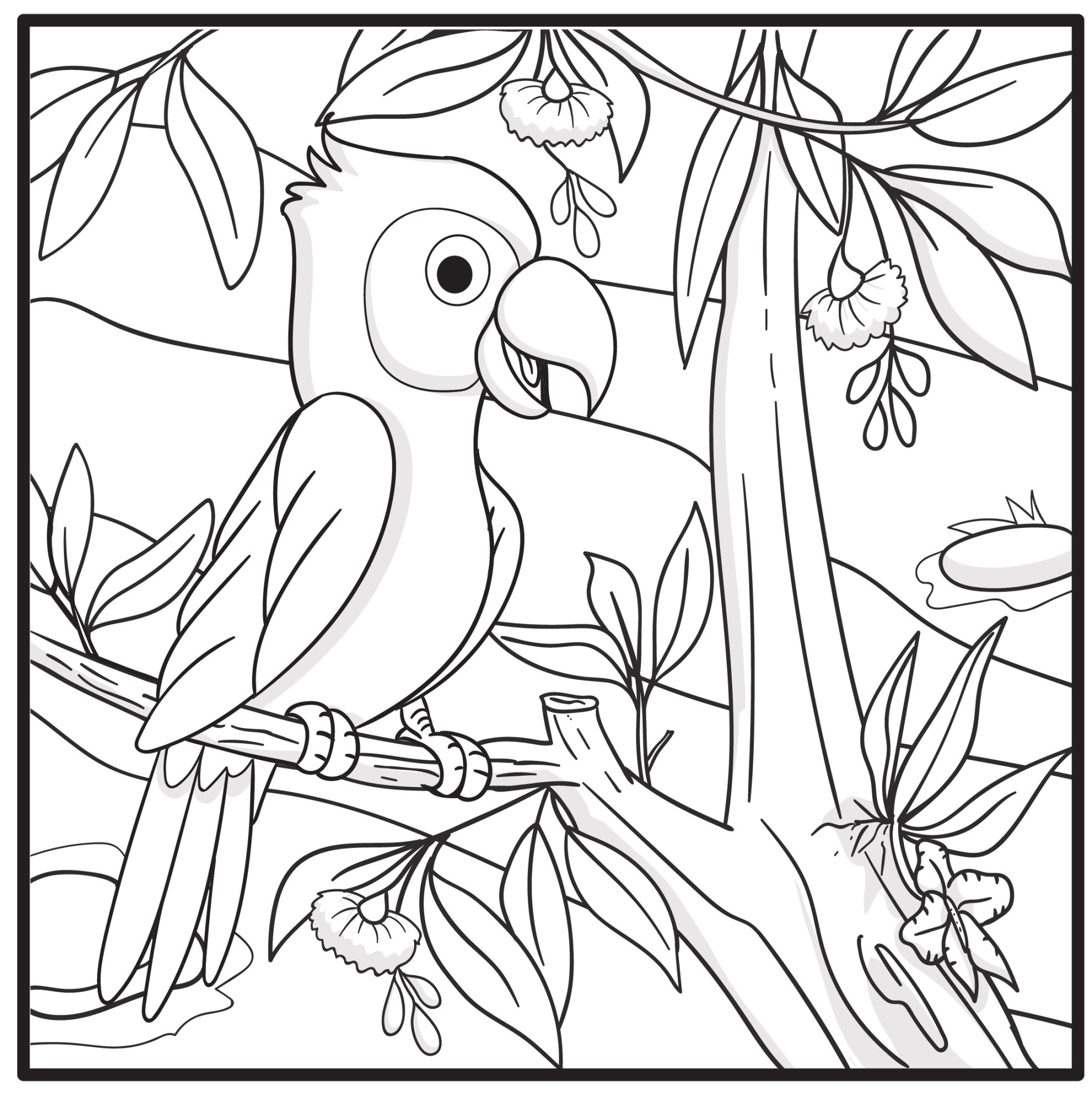 Раскраска для детей: попугай на ветке в лесу