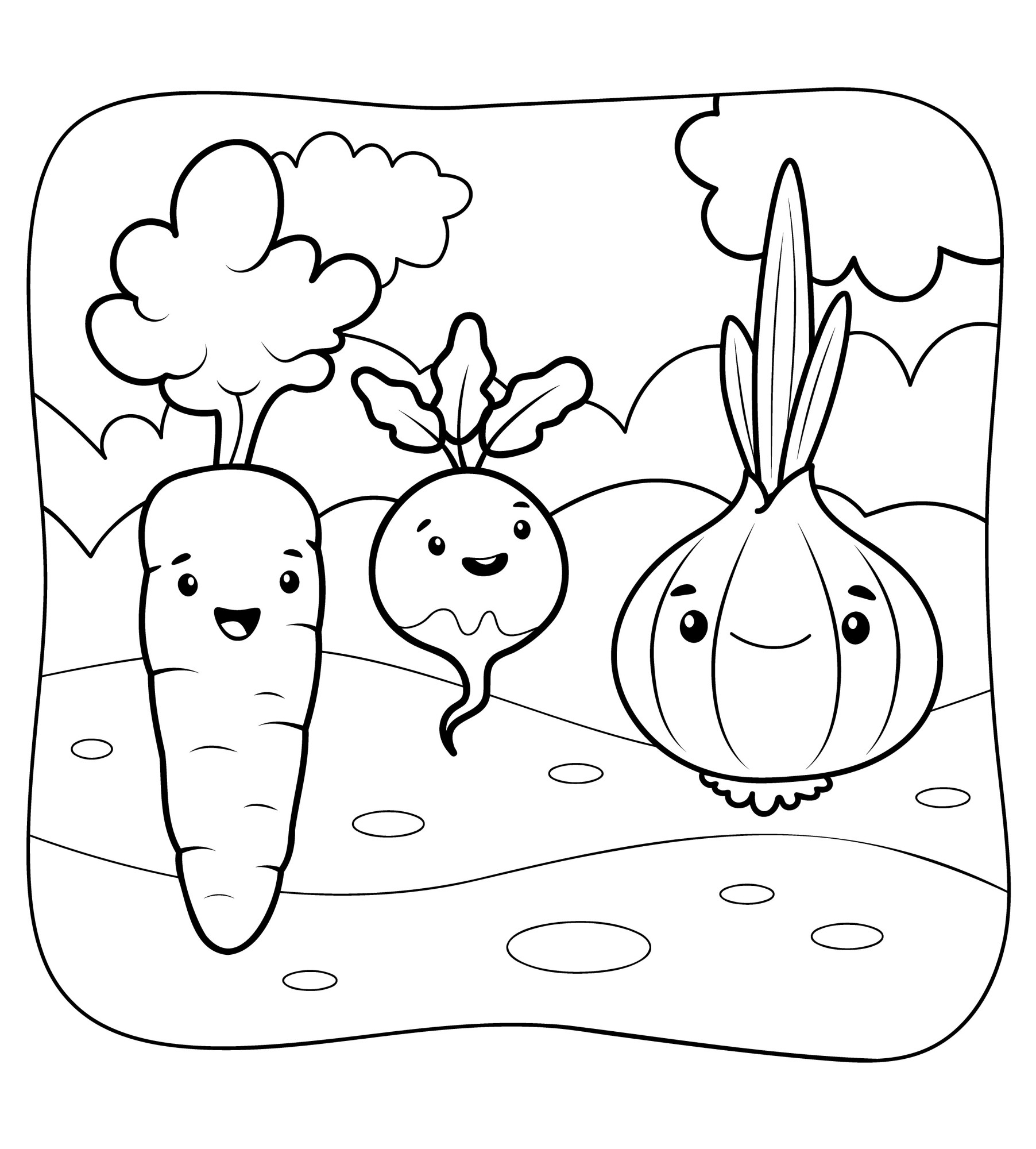 Раскраска для детей: морковь на грядке с луком и редиской