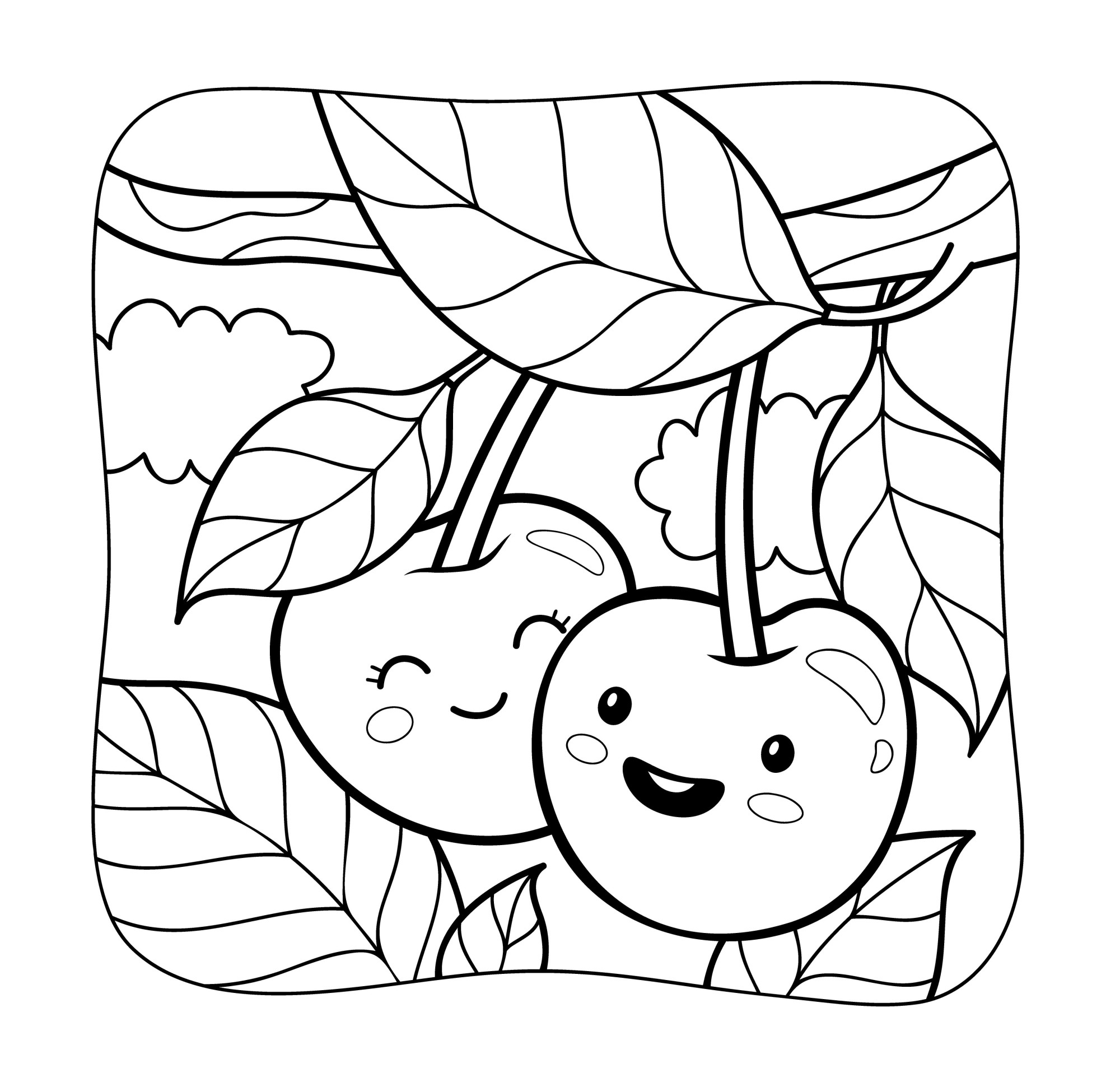 Раскраска для детей: ягоды с лицом на веточке дерева вишни