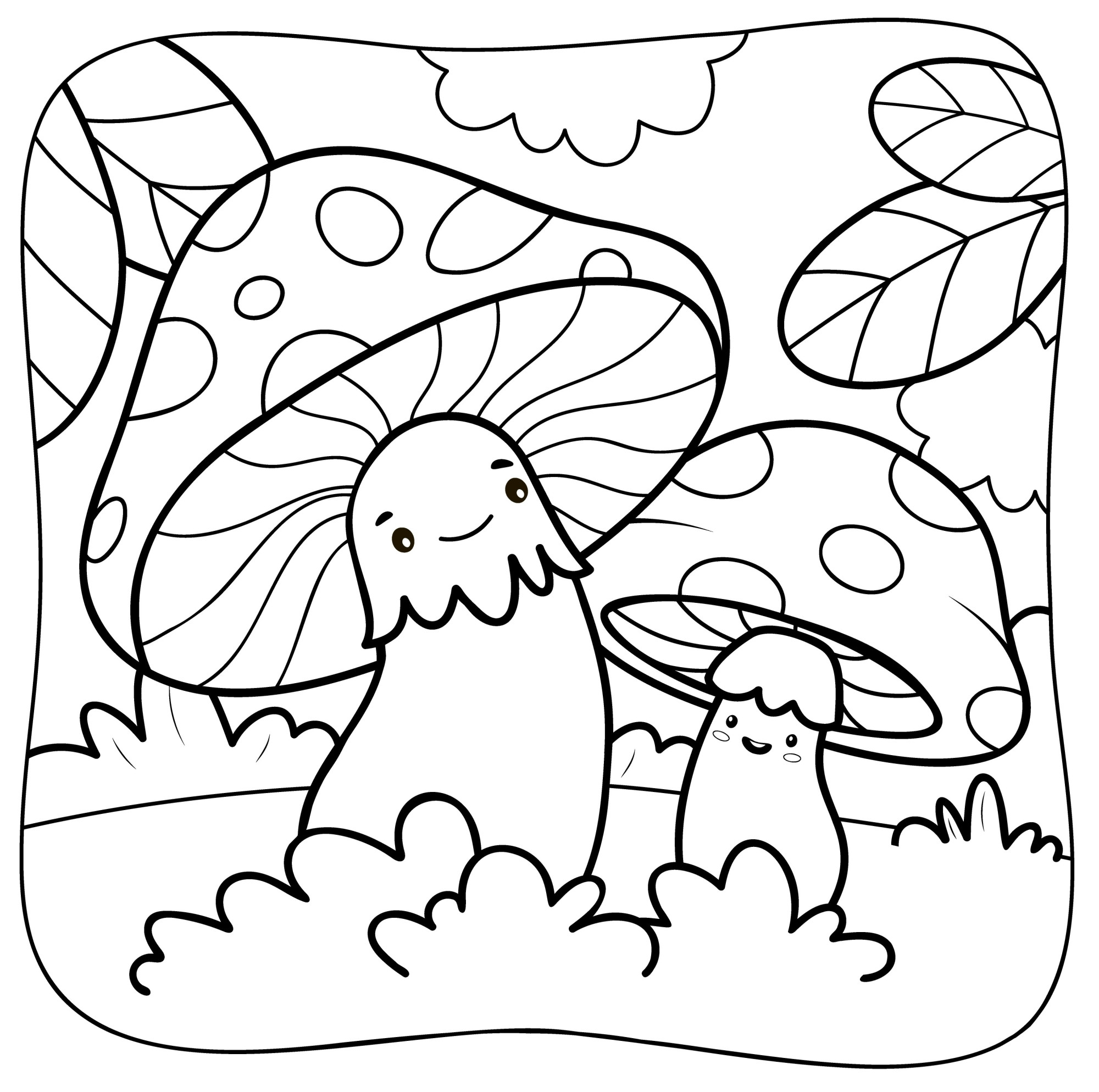 Раскраска для детей: грибы с глазками на природе