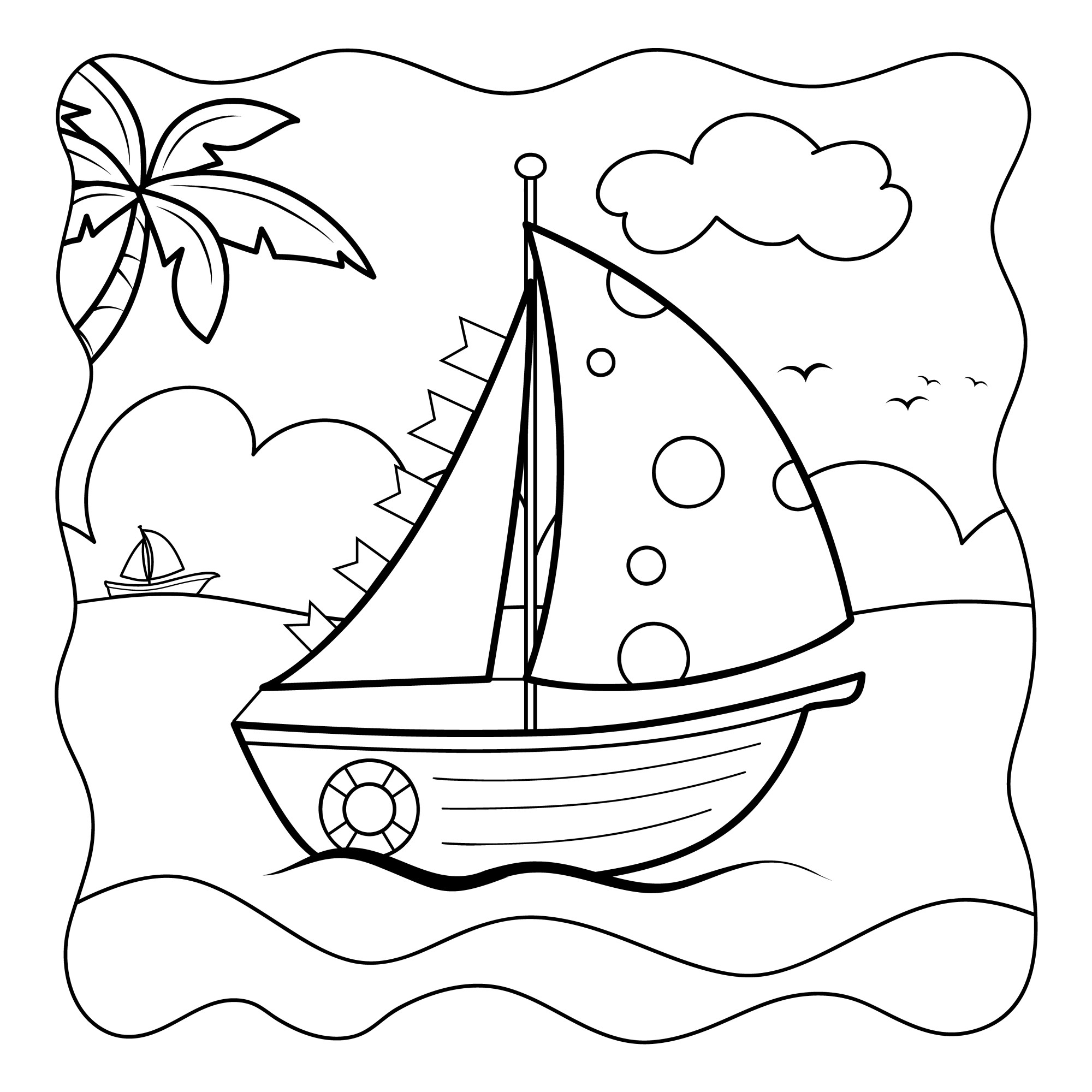 Раскраска для детей: корабль в море на фоне неба и пальм