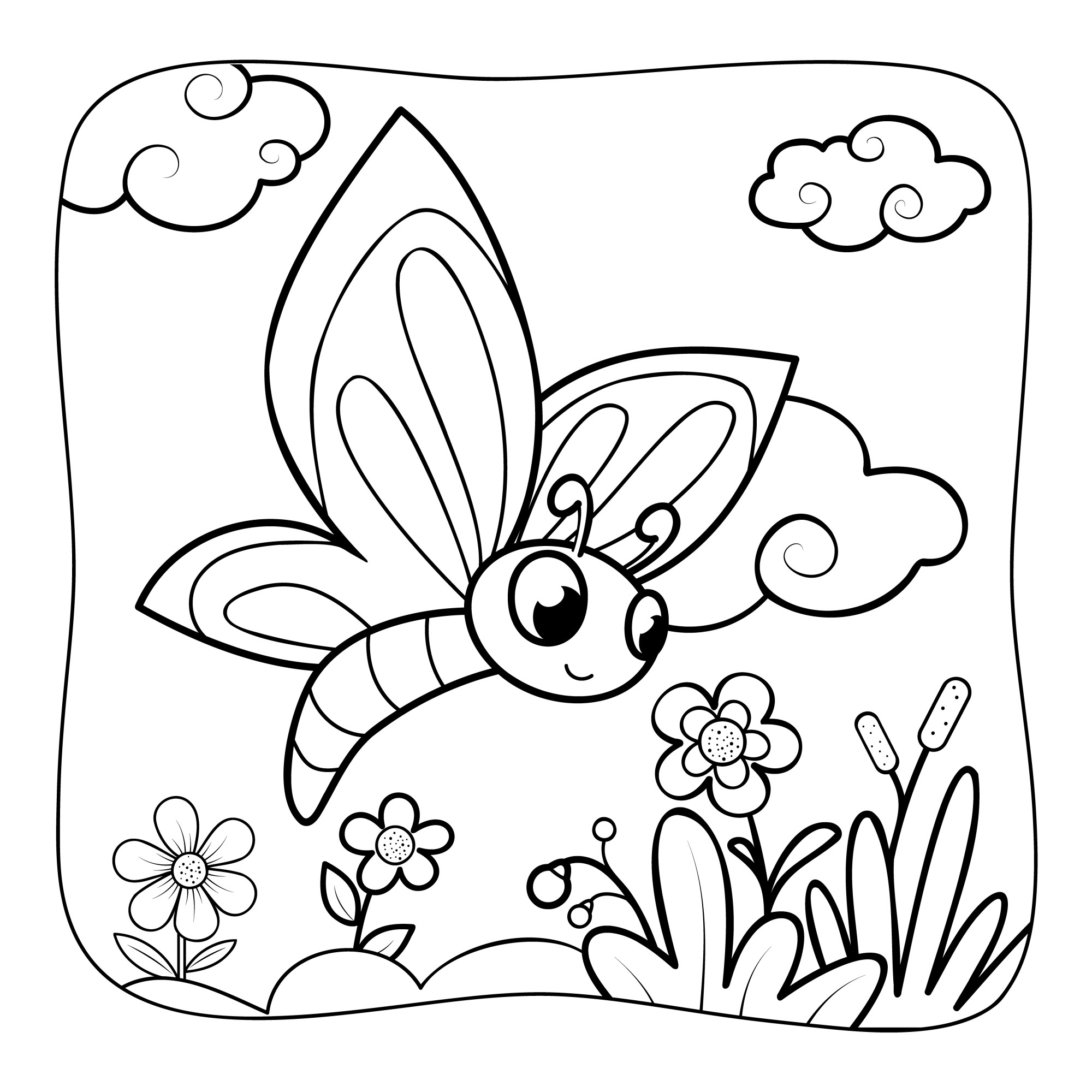 Раскраска для детей: мультяшная бабочка летит над полем