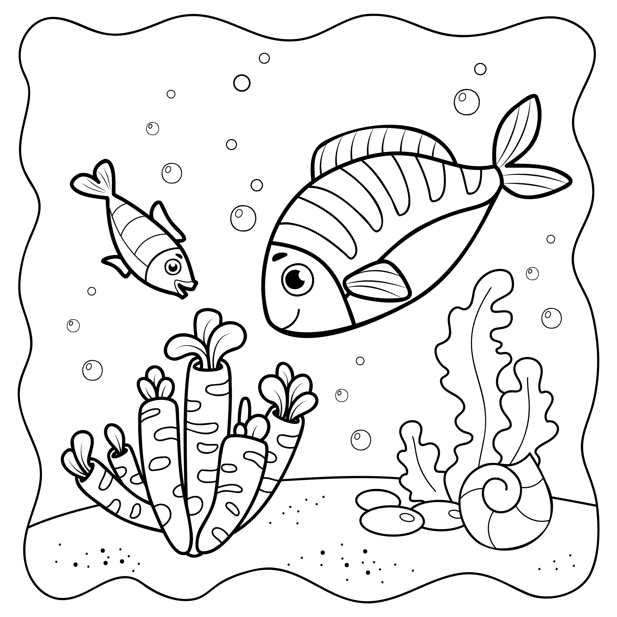 Раскраска для детей: рыбки на дне реки с водорослями
