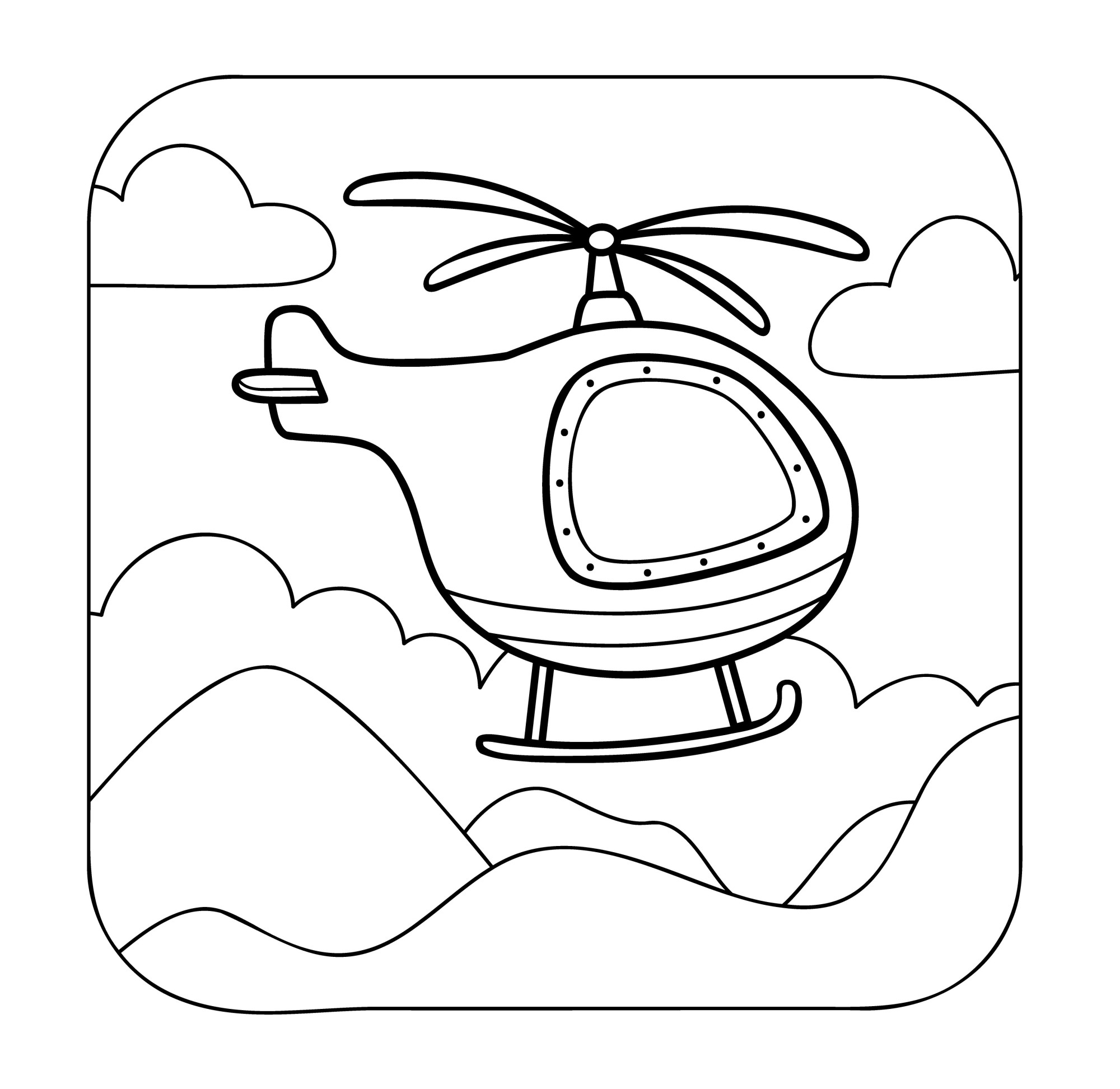 Раскраска для детей: вертолет над облаками