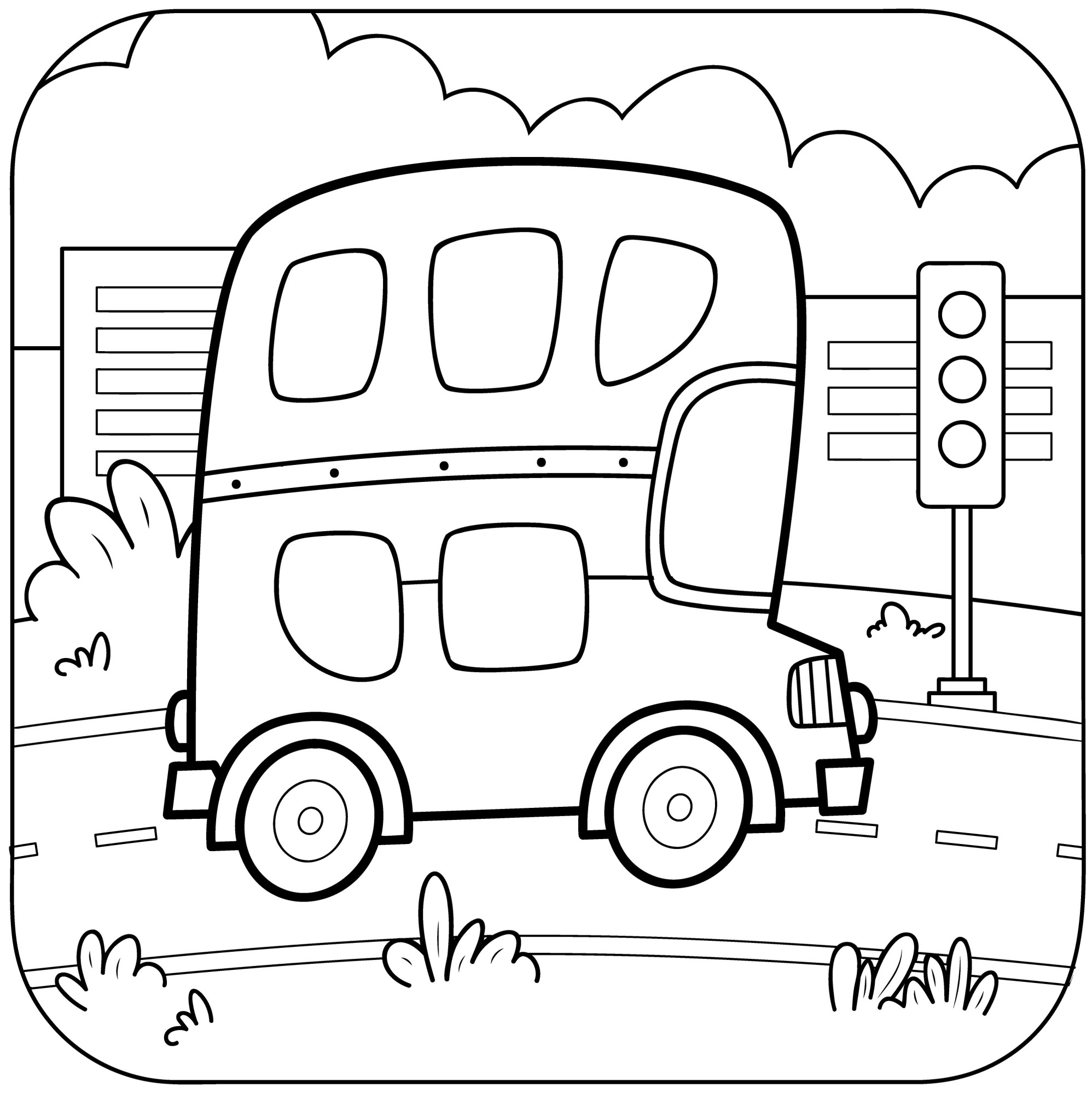 Раскраска для детей: двухэтажный Лондонский автобус остановился на светофоре