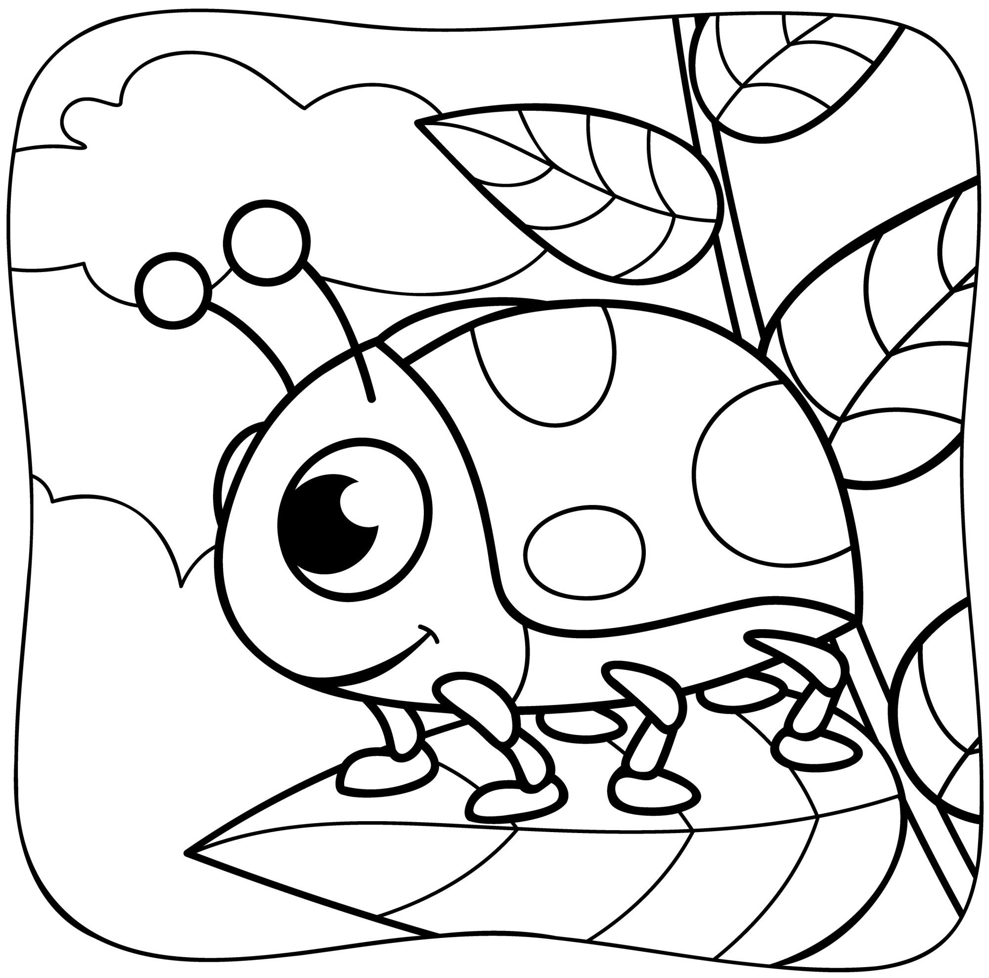 Раскраска для детей: божья коровка на дереве в лесу сидит на листике