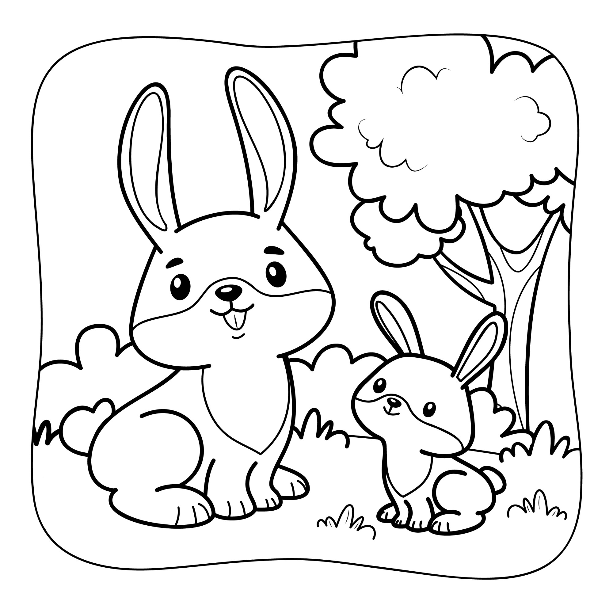 Раскраска для детей: кролики друзья рядом с дубом