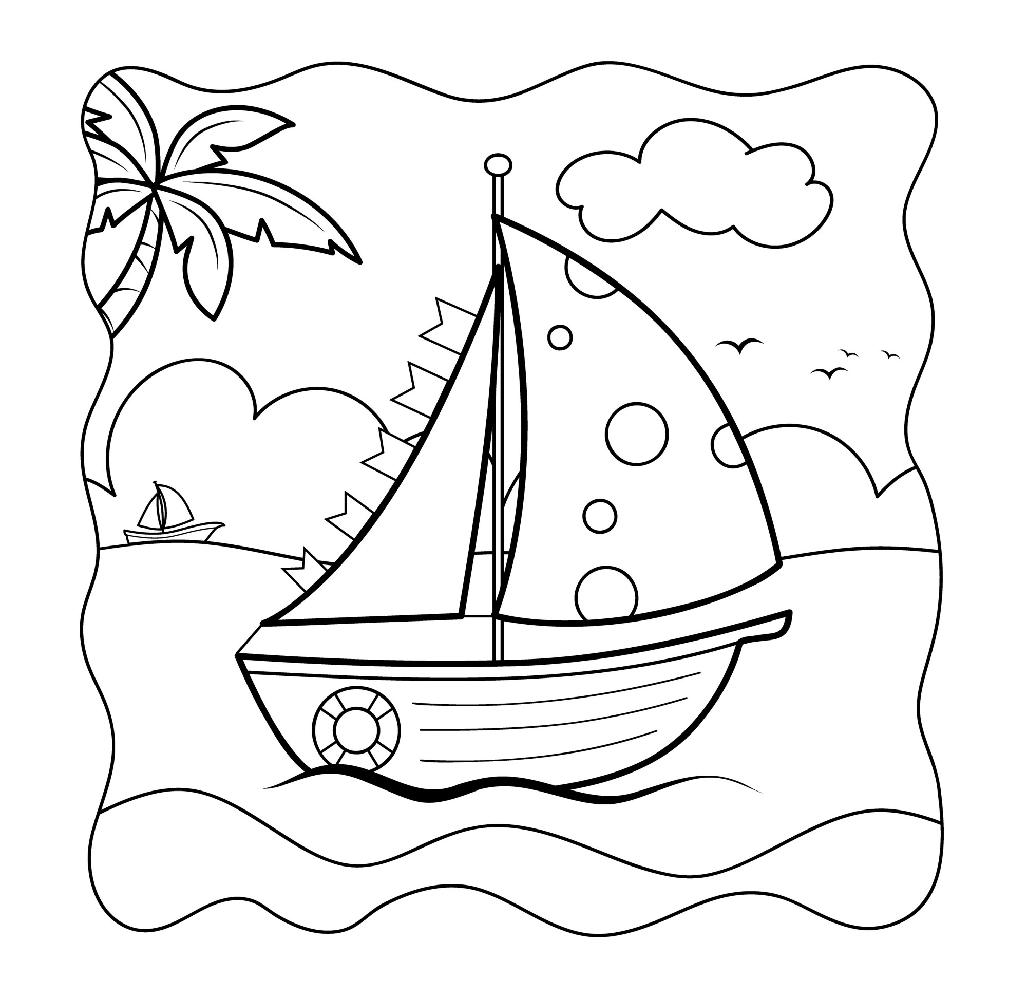 Раскраска для детей: кораблик в море