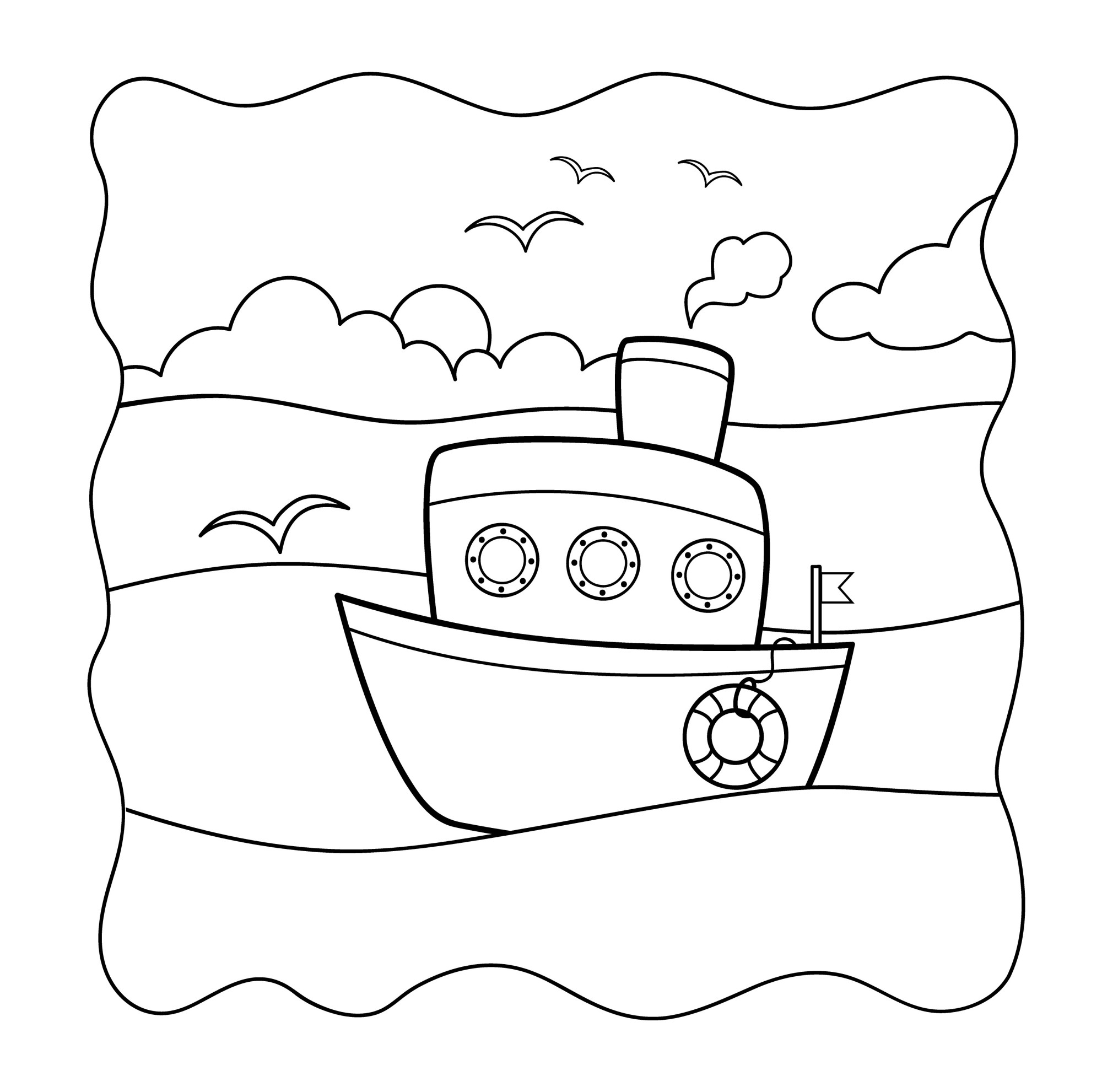 Раскраска для детей: игрушечный корабль в море с чайками