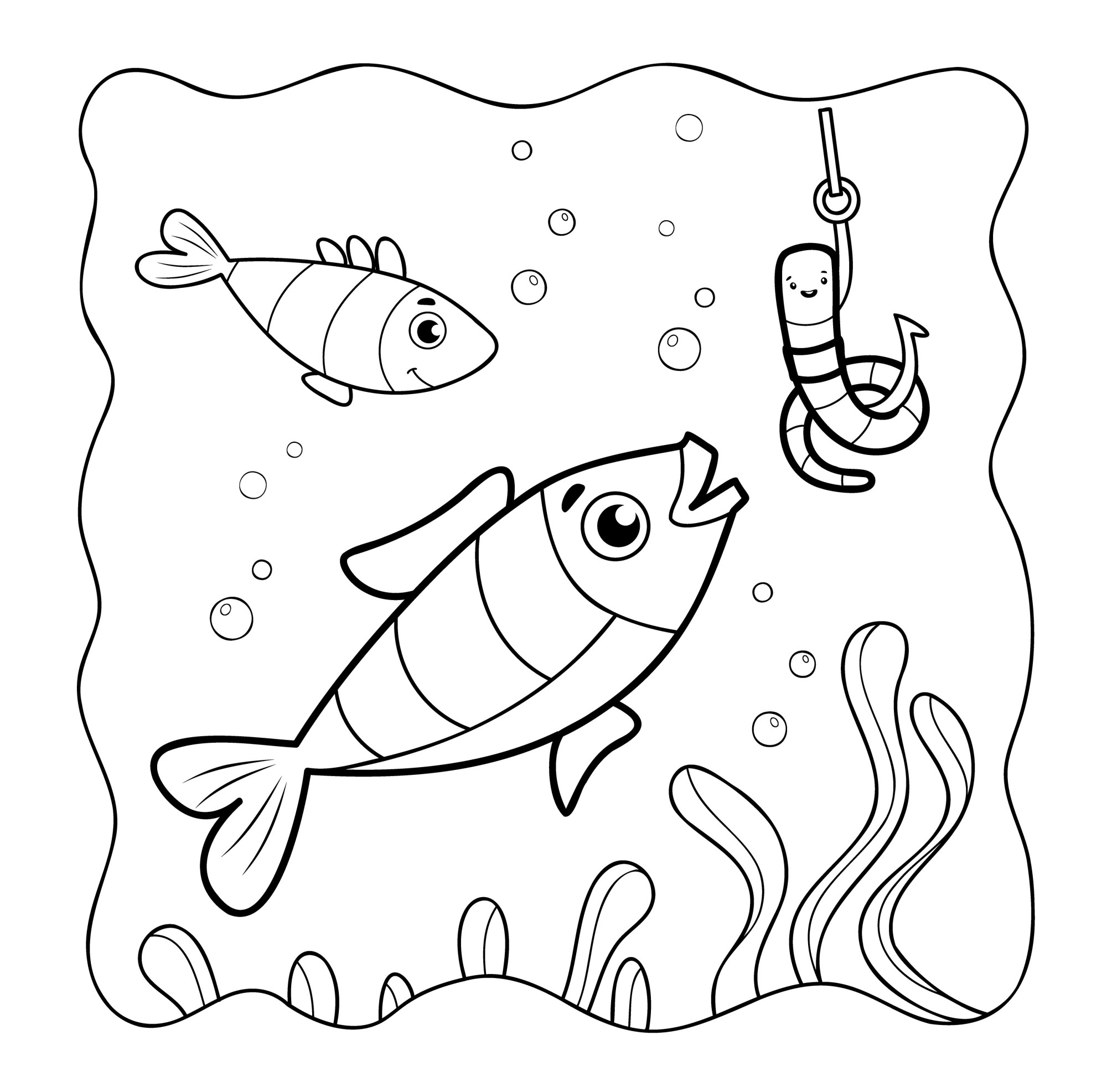 Раскраска для детей: рыбки в озере вокруг крючка с червяком