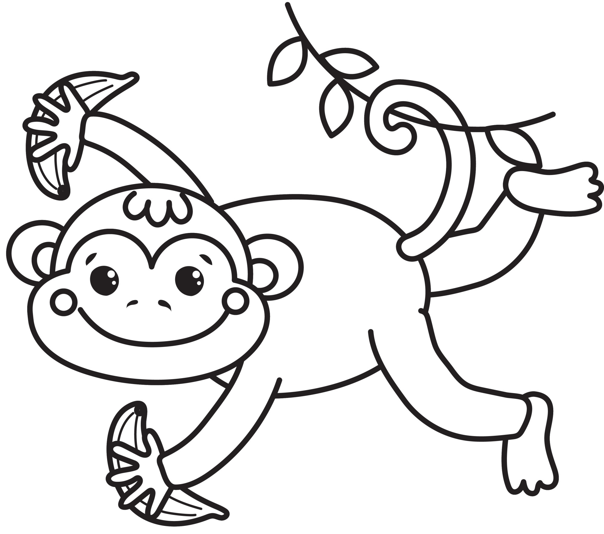Раскраска для детей: обезьяна катается на лиане зацепившись хвостом