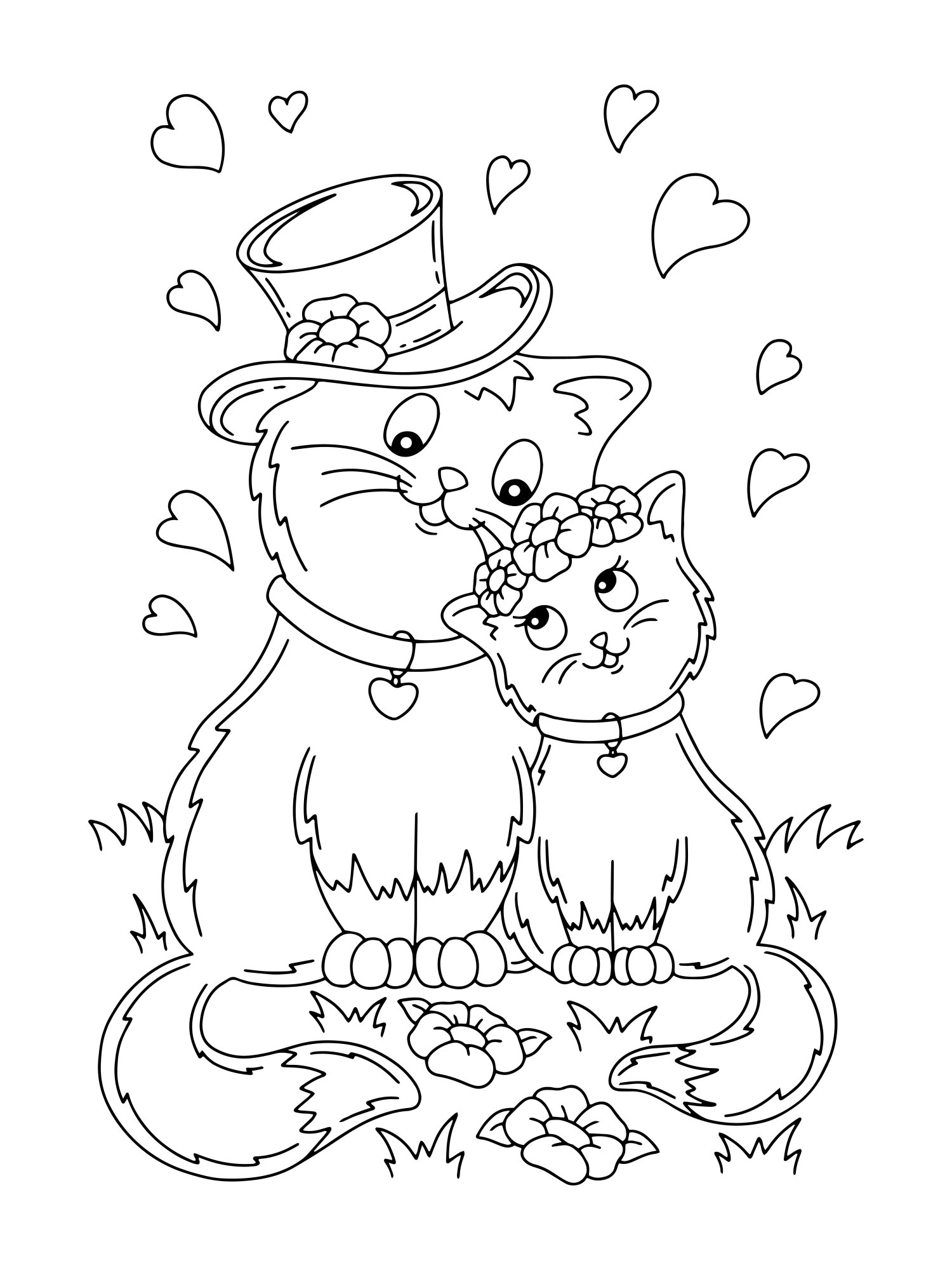 Раскраска для детей: влюбленная парочка кот и кошка в саду